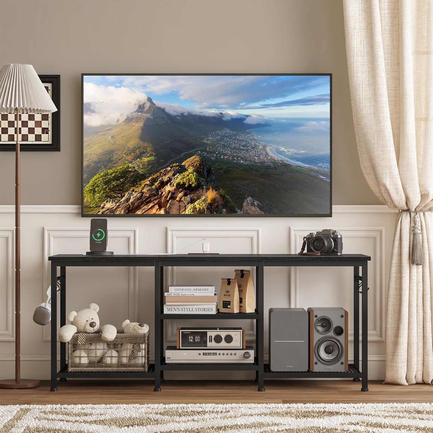 YGEOMER TV Stand for Tvs Up to 55 Inch, Entertainment Center with Power Outlet and Open Storage Shelves, TV Console Table for Living Room Bedroom, Black