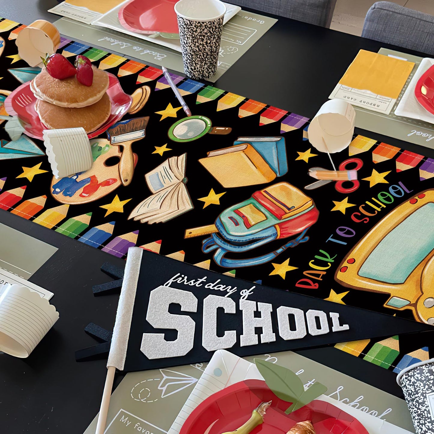 Croar Back to School Bus Dining Table Runner, First Day of School Bag Book Pencil Painting Tellurion Burlap Kitchen Decoration, Classroom Indoor Outdoor Home Decor Party Supply 13 x 72 Inches