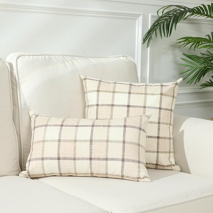 Stellhome Pack of 2 Fall Linen Buffalo Check Decorative Throw Pillow Covers