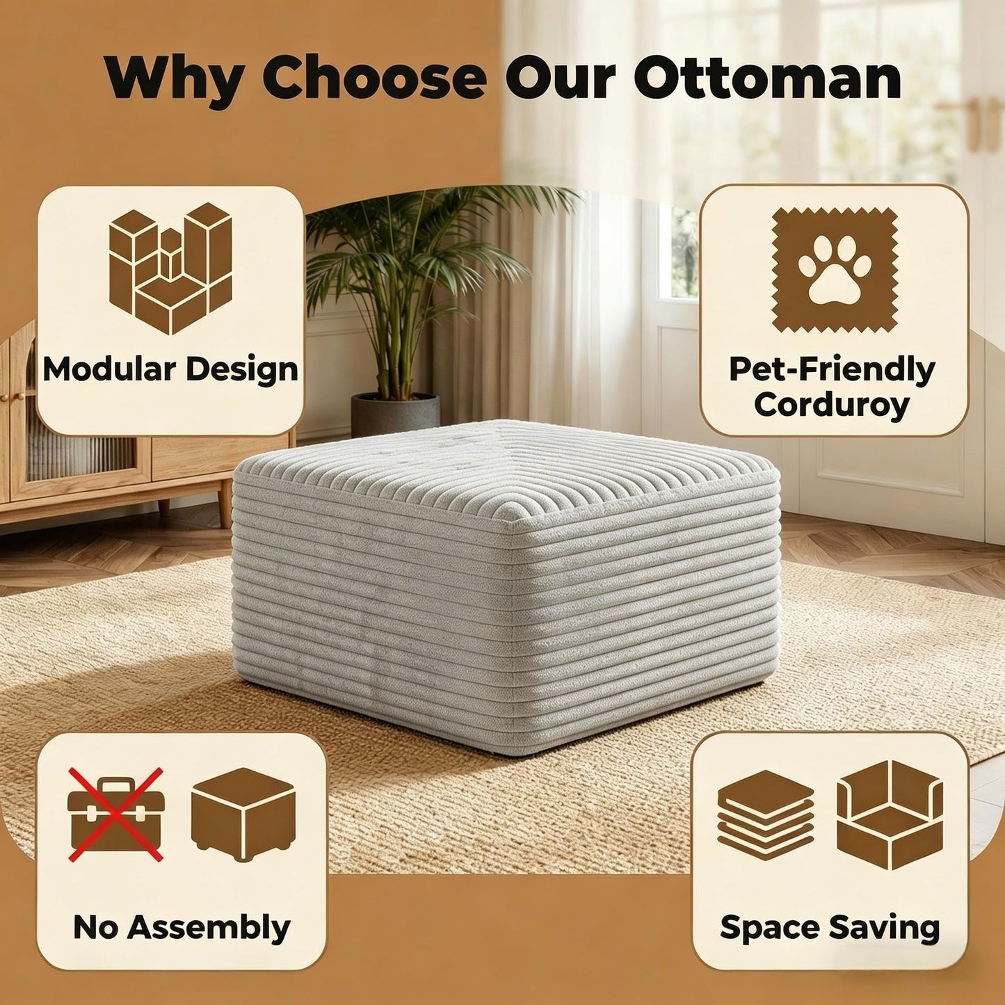37.4" Plush Corduroy Ottoman, Upholstered Cloud Ottoman for Boneless Couch in a Box, Modular Sectional Couches for Living Room Bedroom, Compressed Memory Foam, No Assembly Require, Grey