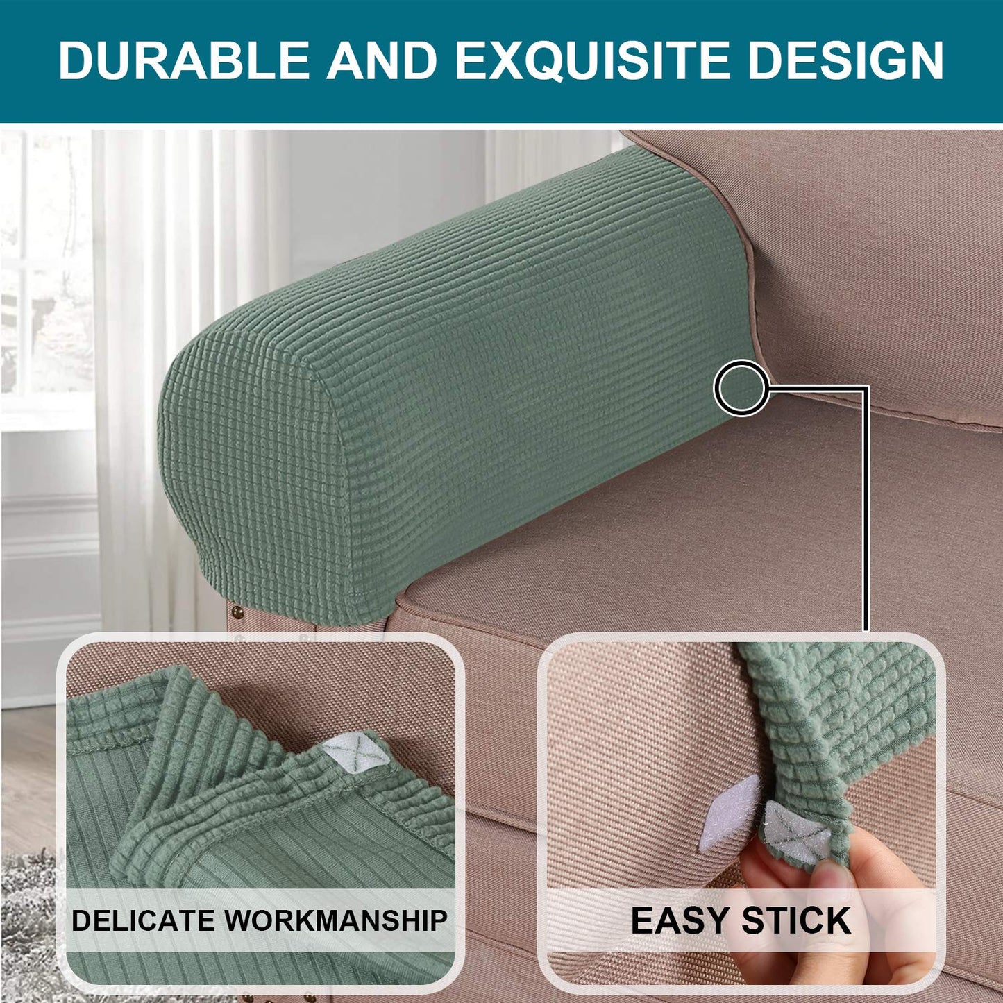 Turquoize Stretch Armrest Covers for Chairs and Sofas Couch Arm Covers for Sofa Spandex Jacquard Armrest Cover Anti-Slip Furniture Protector Armchair Slipcovers for Recliner Set of 2, Dark Cyan