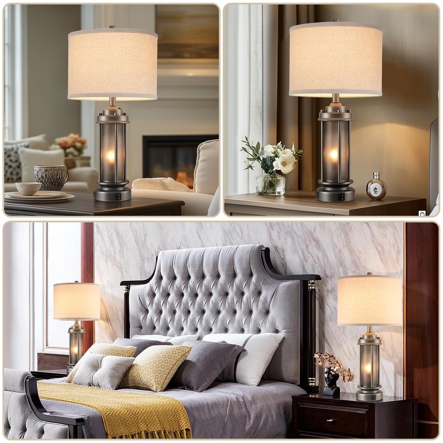 AIEAMPDO Set of 2 Farmhouse Bedroom Table Lamps with 2 USB C+A Ports