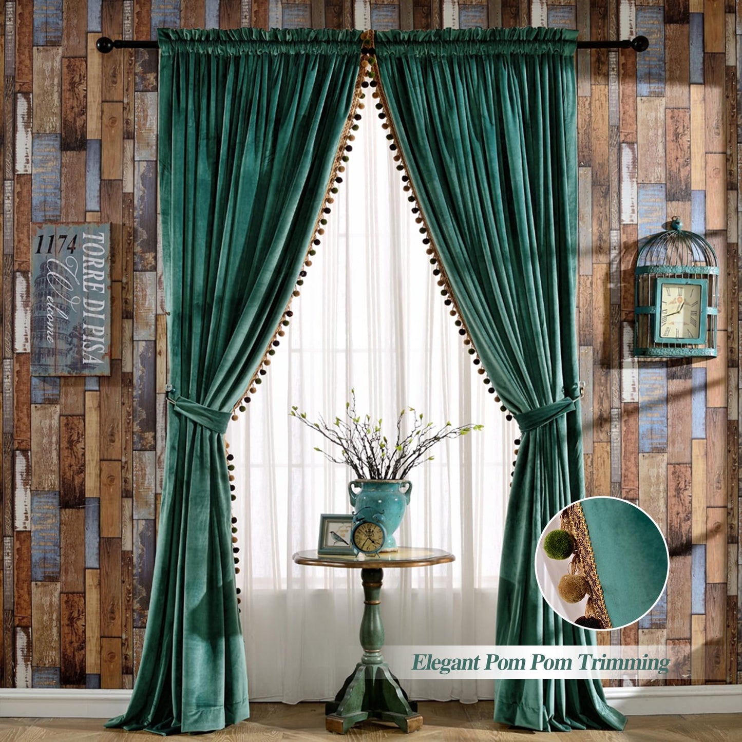 Melodieux Pom Poms Velvet Blackout Curtains for Bedroom Living Room, Vintage Luxury Thermal Insulated Rod Pocket Lined Drapes, 52" W x 84" L, Antique Green (2 Panels)