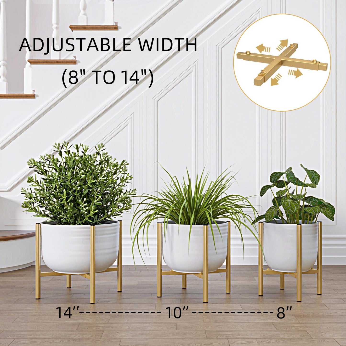 Rioneta Adjustable Metal Plant Stand Indoor, Fits 8-14 Inch Pots, Mid Century Modern Gold Planter Holder,2 Heights, Heavy Duty 160 lb, Indoor Outdoor Corner Floor Pot Stand, Golden