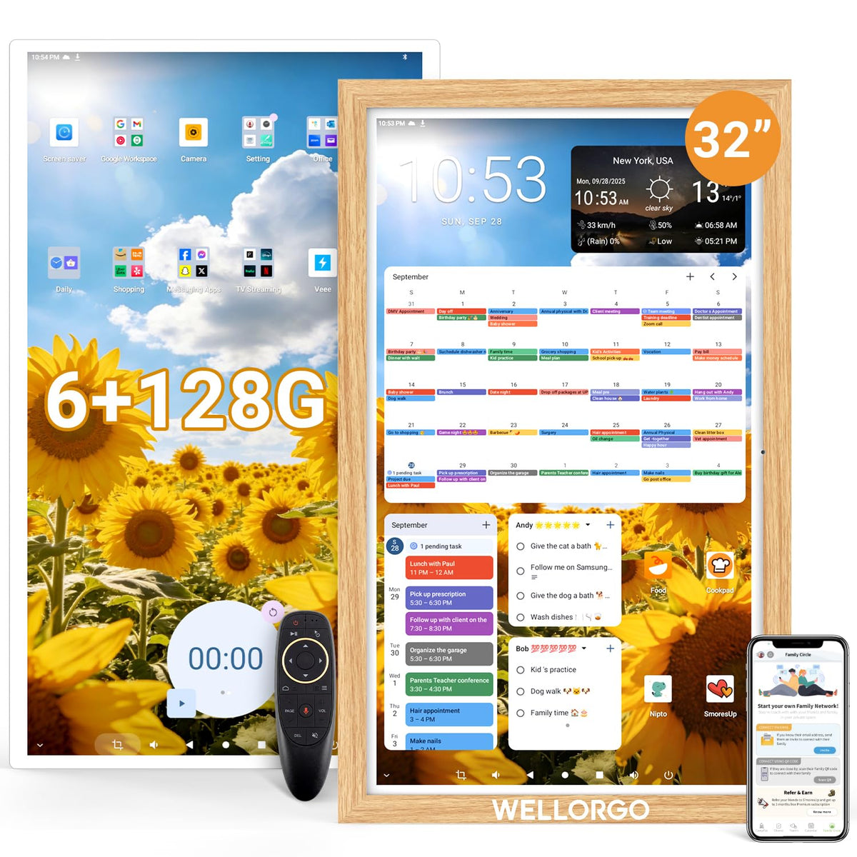 WELLORGO Smart Digital Calendar, 32” Electronic Planner with FHD Touch Screen & Remote Control, Electric Family Organizer with Chore Chart Google Play Customizable App, Wall Display Tablet with Camera