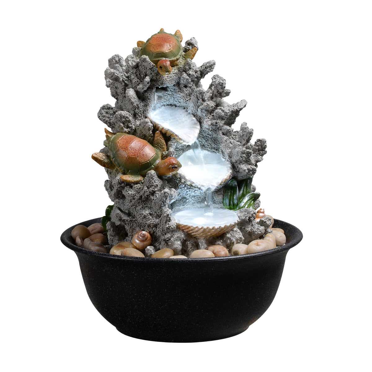 Indoor Tabletop Turtle Water Fountain with LED Light – Coastal Sea Life Desk Waterfall Feature with Soothing Sounds and River Rocks, Ocean Zen Decor for Home Office