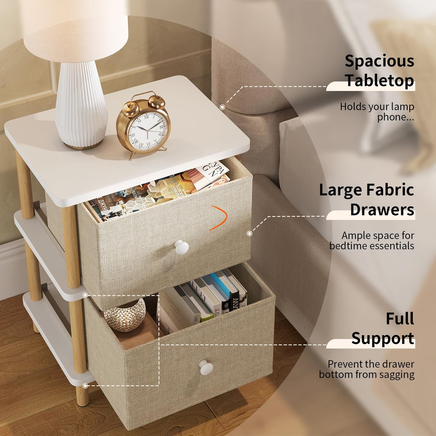Apicizon Nightstand with 2 Storage Drawers, Boho Side Table with Solid Wood Legs, End Table for Small Spaces, Bedroom, Living Room, Entryway, White+Natural
