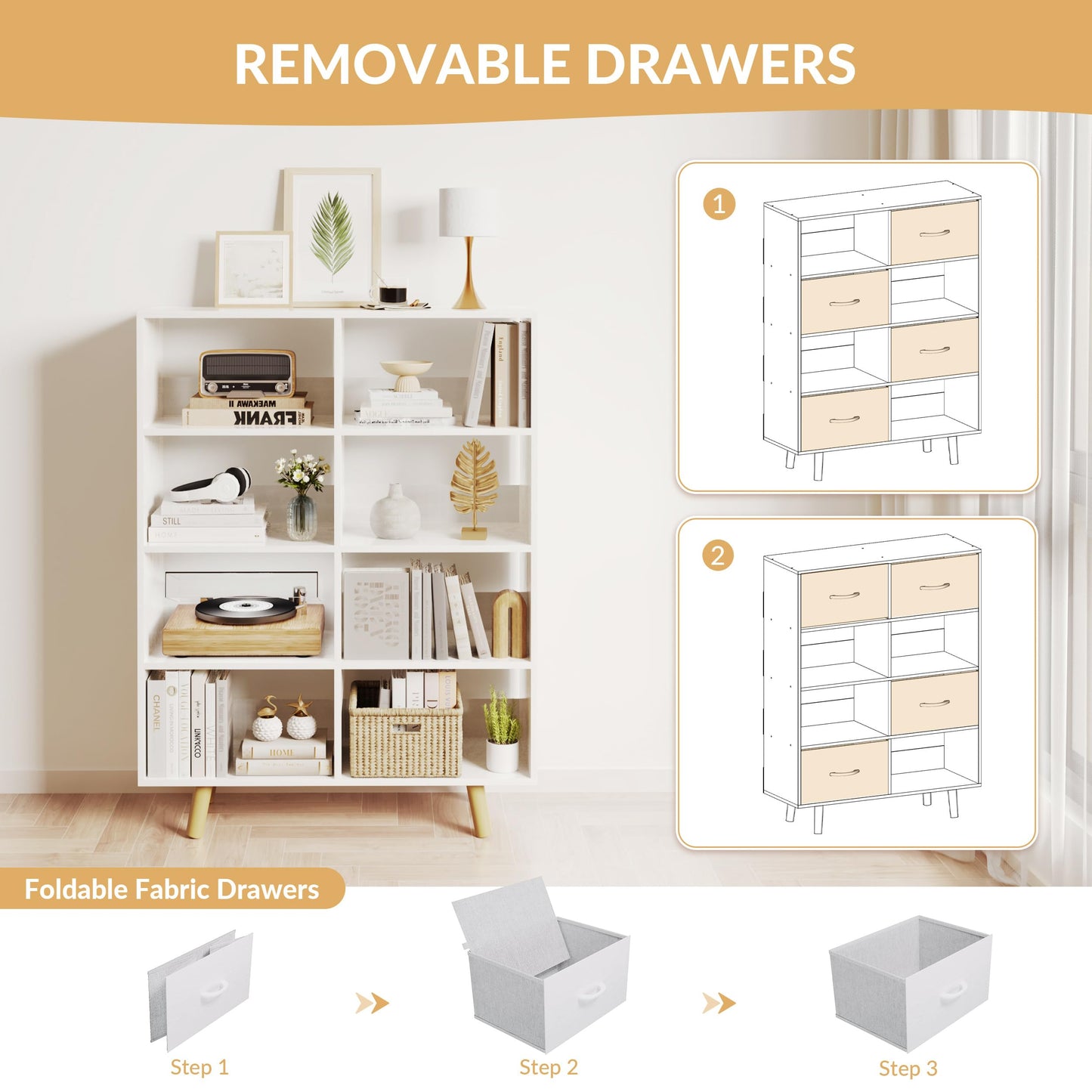 ELYUP Bookcase with Fabric Storage Bins - 8 Cube Organizer Display Bookshelf for Home Office, White