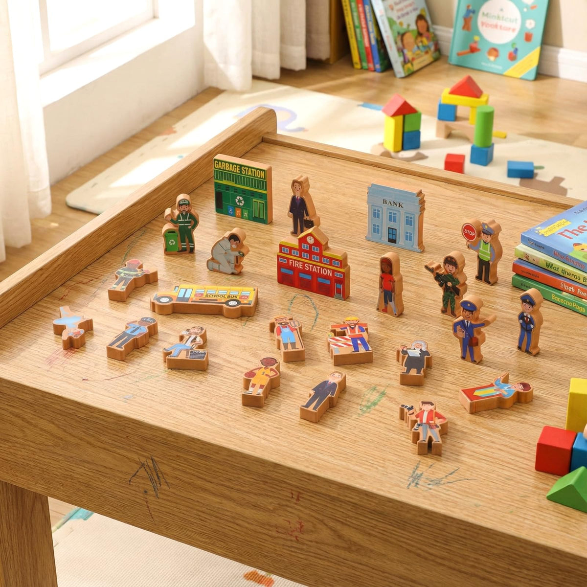 Blosssound 81 Pcs Wooden Community Helpers Toys Wooden Car Town Set Wood People Figures Multicultural Career Wood Blocks for Preschool Classroom Diversity Play Games Educational Activity Supplies