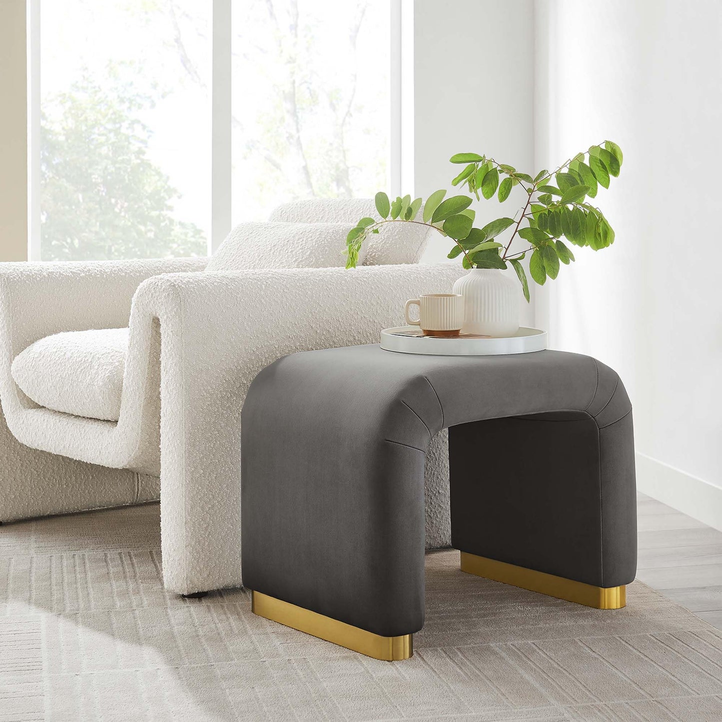 Modway Koda 24" Performance Velvet Upholstered Waterfall Stool or Side Table in Brass Storm Gray, 24 Inches
