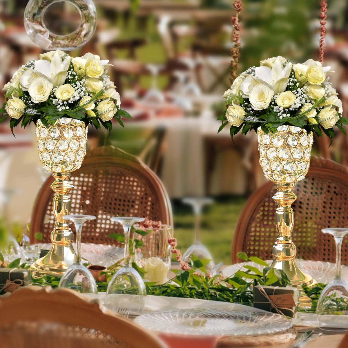 Kehail 6pcs Elegant Crystal Trumpet Metal Centerpiece Vases, Wedding Table Decoration Flower Stand Tulip Shape Decor Artificial Flower Arrangement Vase for Wedding Restaurant Vase Home Decor (Gold)