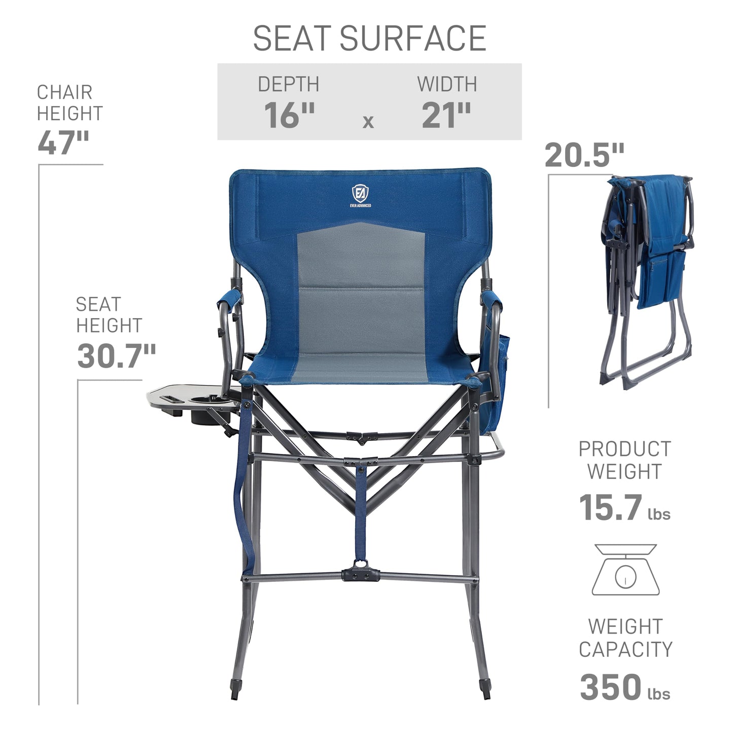 EVER ADVANCED Portable 30.7" Seat Height Tall Folding Camping Chair Directors Chair High Foldable Bar Stool with Side Table for Makeup Artist, Sports Event, Craft Show, Supports 350LBS