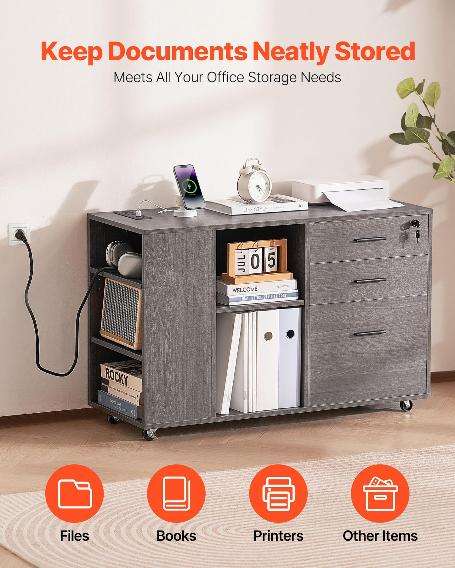 VEVOR 3 Drawer Wooden File Cabinet, Mobile Filing Cabinet with Power Strip, Lockable Rolling File Storage with Adjustable Shelves & 5 Wheels, Floor Standing Printer Stand for Home Office School, Gray