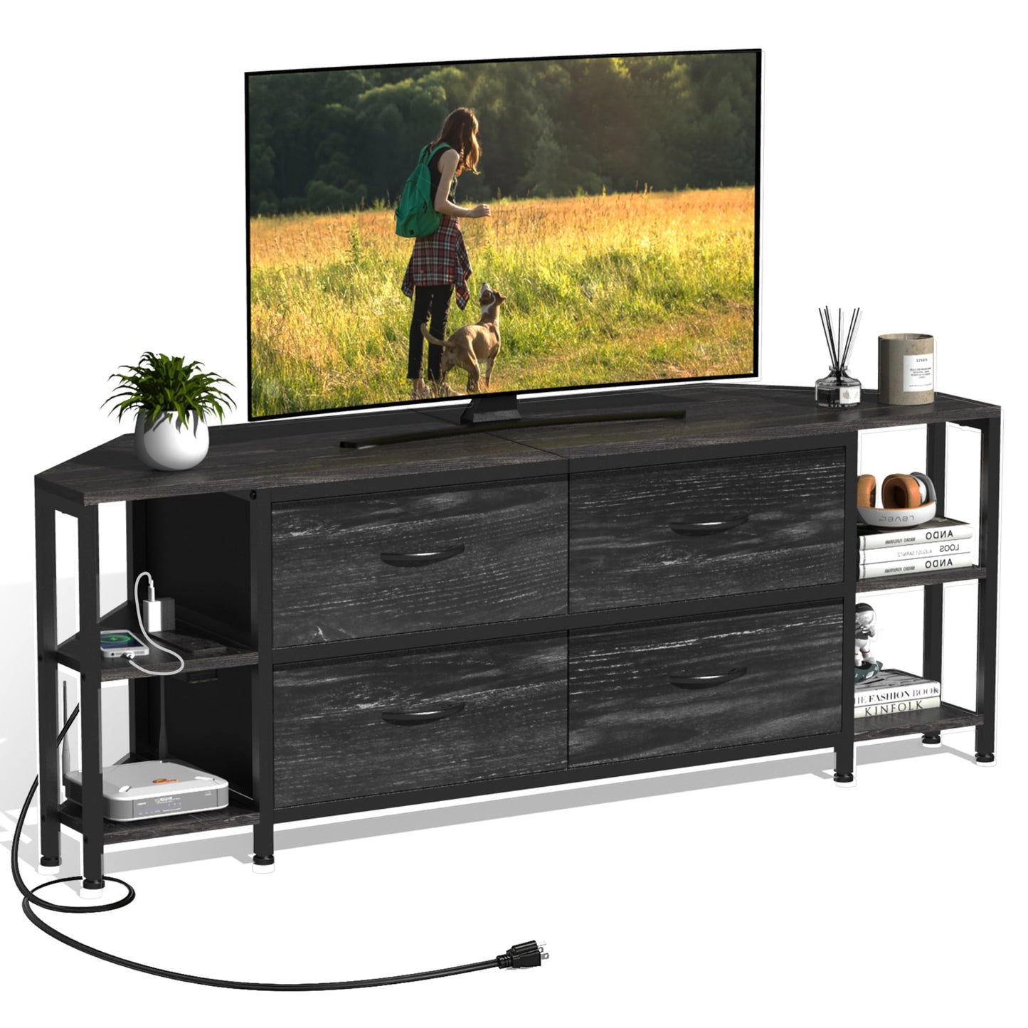 EXOTICA Corner TV Stand for 55 inch TV with Drawer and Charge Station Black Corner Entertainment Center for Living Room Modern Corner Console Table with 4 Open Storage Shelves Metal Frame