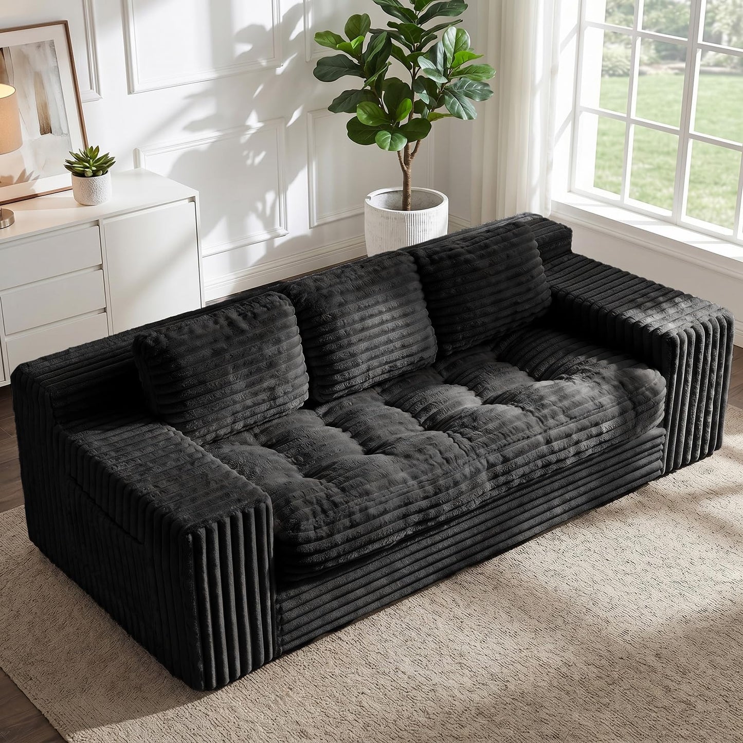 NLDD Boneless Couch, Cloud Loveseat Sofa Corduroy Couch in a Box, Upholstered Boneless 3 Seater Couch for Living Room Bedroom Office Apartment, No Assembly Required, Black