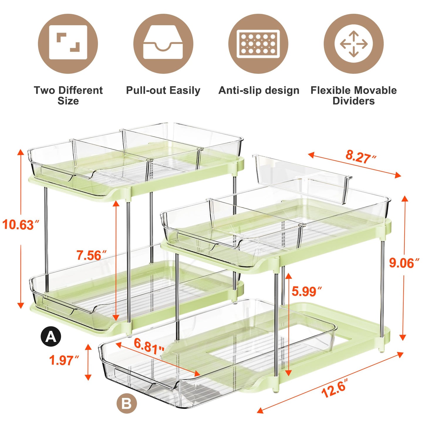 Delamu 2-Tier Multi-Purpose Bathroom Under Sink Organizers and Storage, Stackable Kitchen Pantry Organization, Pull Out Medicine Cabinet Organizer with Movable Dividers, Green, 2 Pack