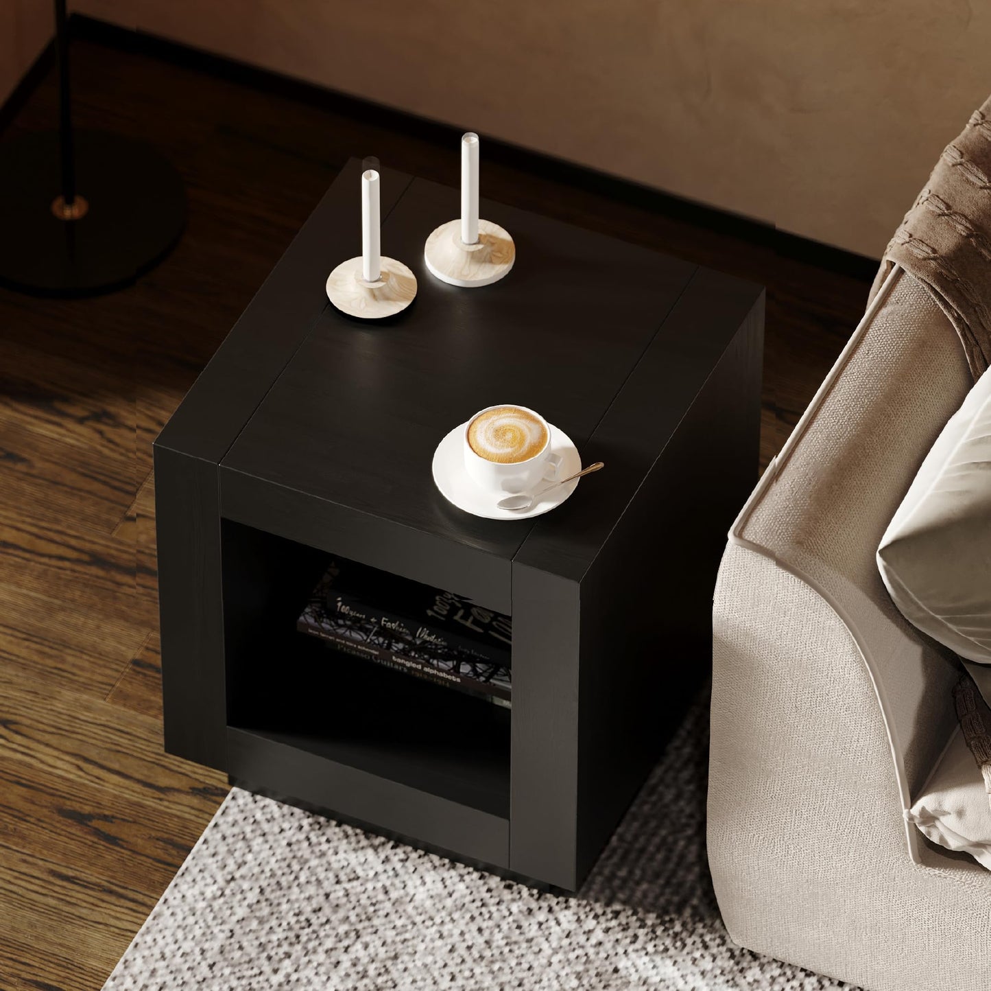 Maven Lane Artemis Side Table – 22 Inch Square Table with Storage – Black Solid Wood – Ideal for Living Room and Bedroom
