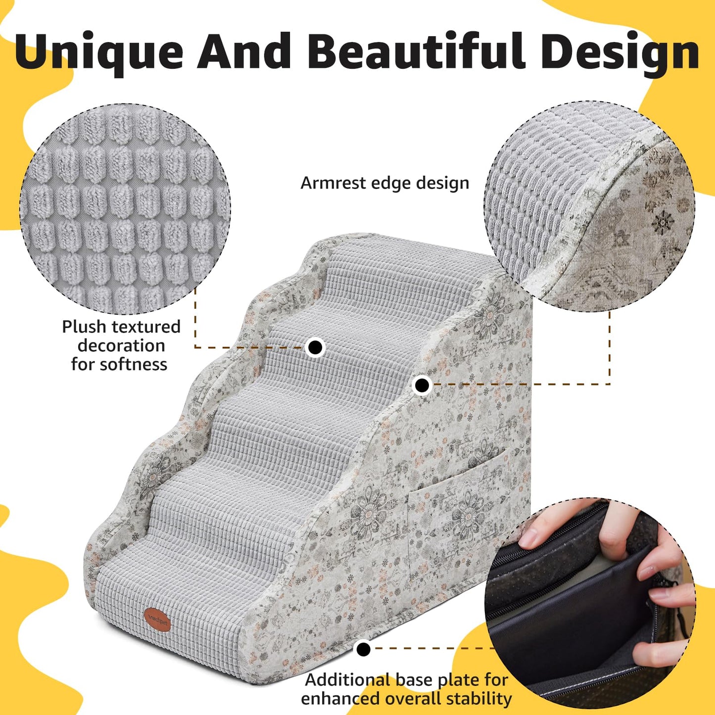 Woochpet Side Armrest Dog Stairs for High Beds Up to 26-30",5 Tier Wider Curved with Weighted Base Plate, Washable Cover Gentle Slope Steps, Bed & Couch Ladder for Small Medium Dogs & Senior Cat