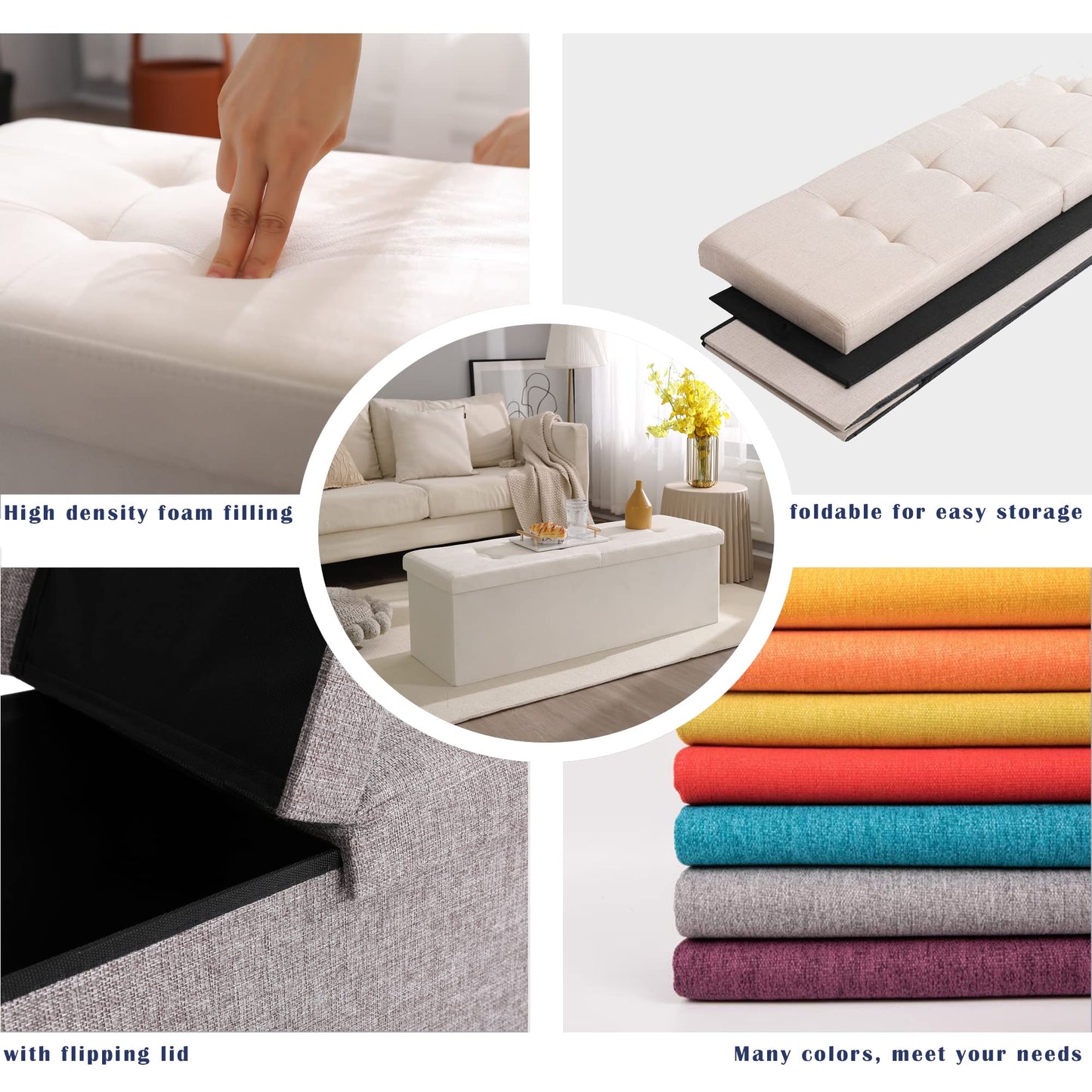 CUYOCA Storage Ottoman Bench Foldable Seat Footrest Shoe Bench End of Bed Storage with Flipping Lid, 75L Storage Space, 30 inches Linen Fabric Emerald, OT026DGN