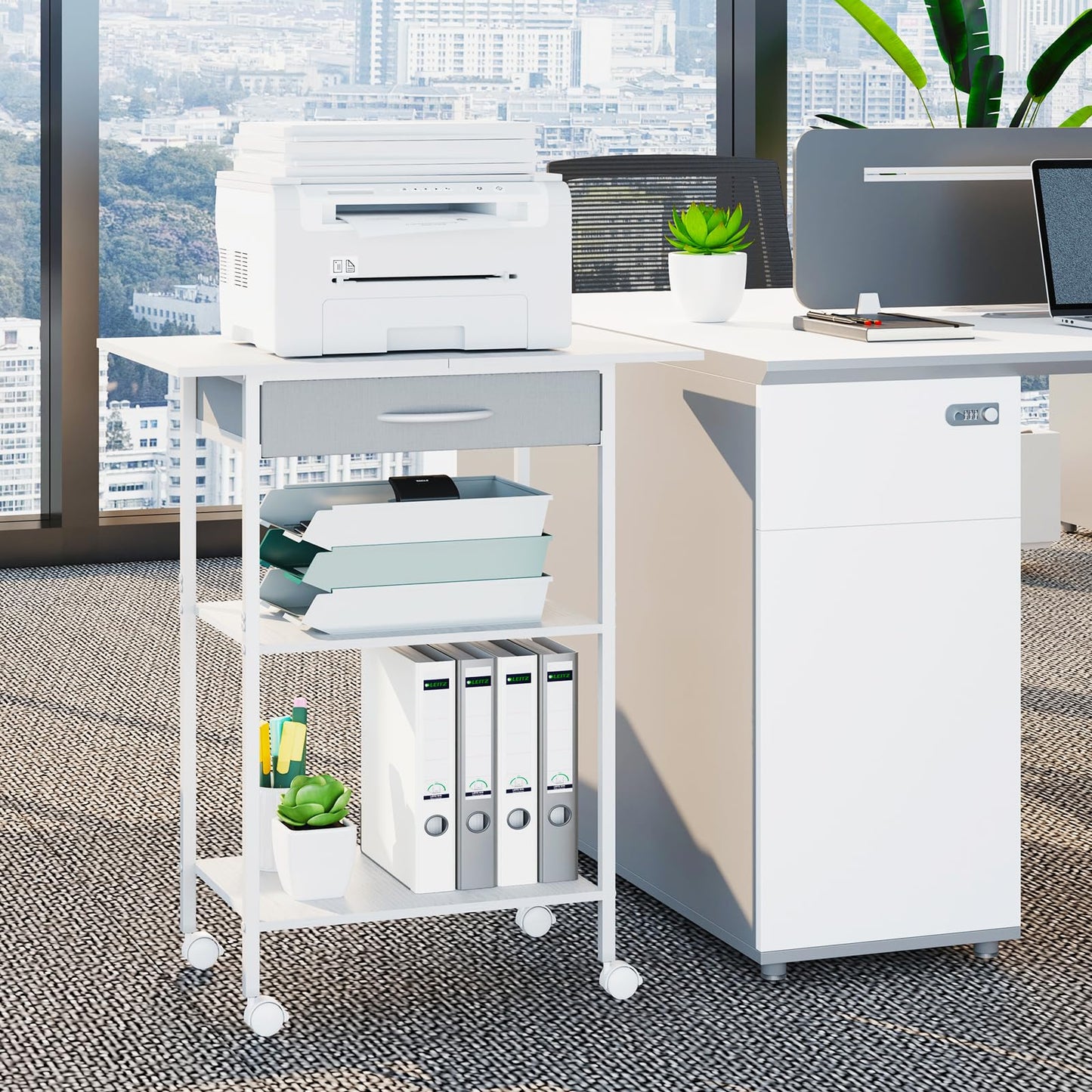 Arbuxzuy 3-Tier Printer Stand, Printer Table with Fabric Drawer, Industrial Printer Storage Cart with Wheels, Rolling Printer Stand for Heat Press Scanner Fax, White