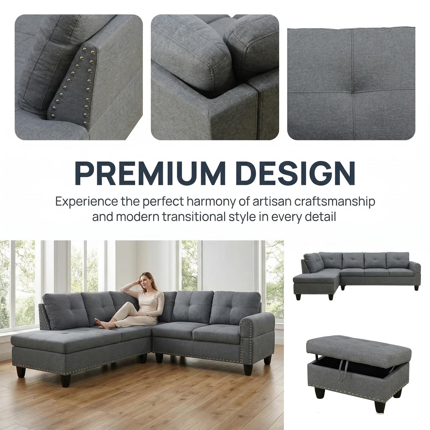 Trygoal 97" Linen 4-Seat L-Shaped Sectional Sofa with Movable Chaise & Storage Ottoman - 3-Piece Modular Convertible Couch for Living Room, Bedroom, Apartment & Office, Charcoal