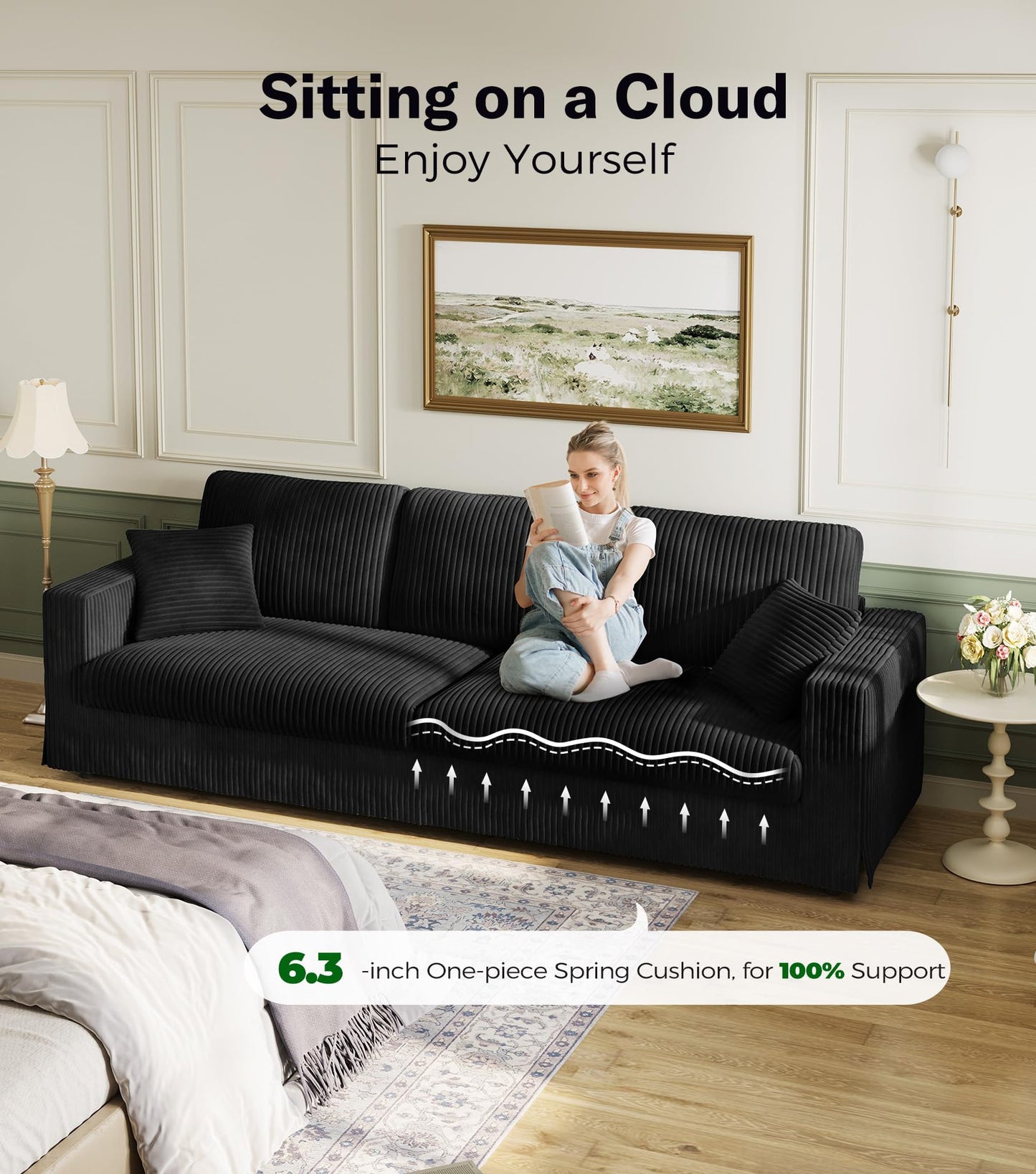 Welzona Plush Corduroy Couch, 101" Comfy Couches for Living Room, Tool-Free Setup Sofas for Living Room 6.3" Extra Wide Armrest, All-Wood Loveseat Sofa Couch for Bedroom/Office, 2 Pillows, Black