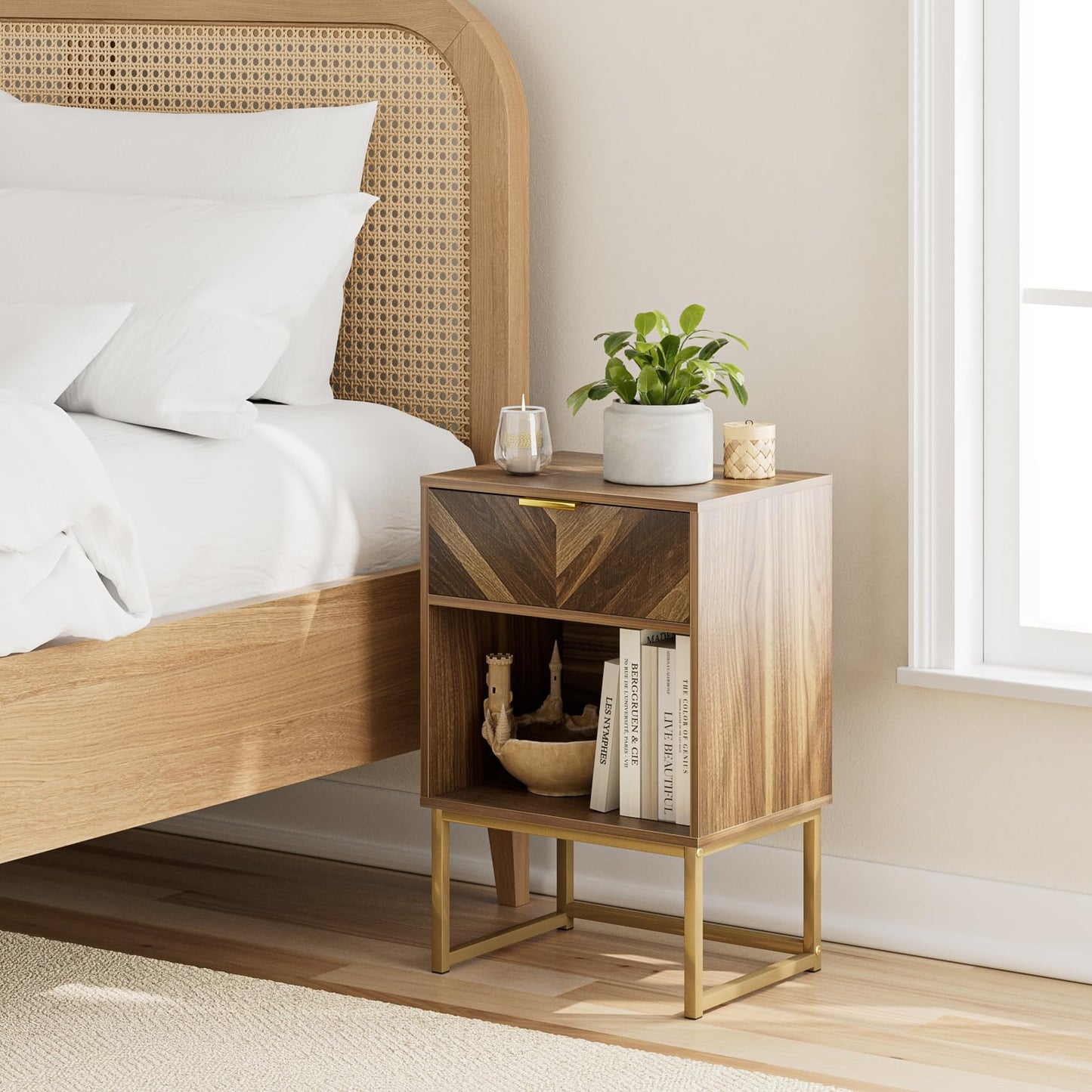Masupu Nightstand,Modern Night Stand Boho Farmhouse Wood Bedside Table with Storage Drawer Side End Table for Bedroom,Living Room,Office,Walnut Brown