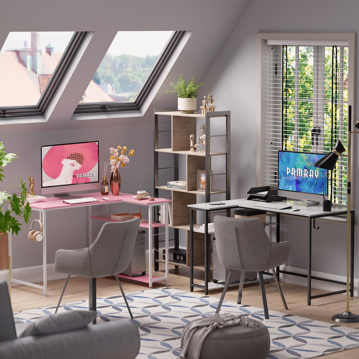 Pamray 43 Inch L Shaped Computer Desk with Reversible Side Storage Shelves, Small Corner Desk for Small Space Home Office,Writing Study Table PC Desk for Bedroom,White Marble