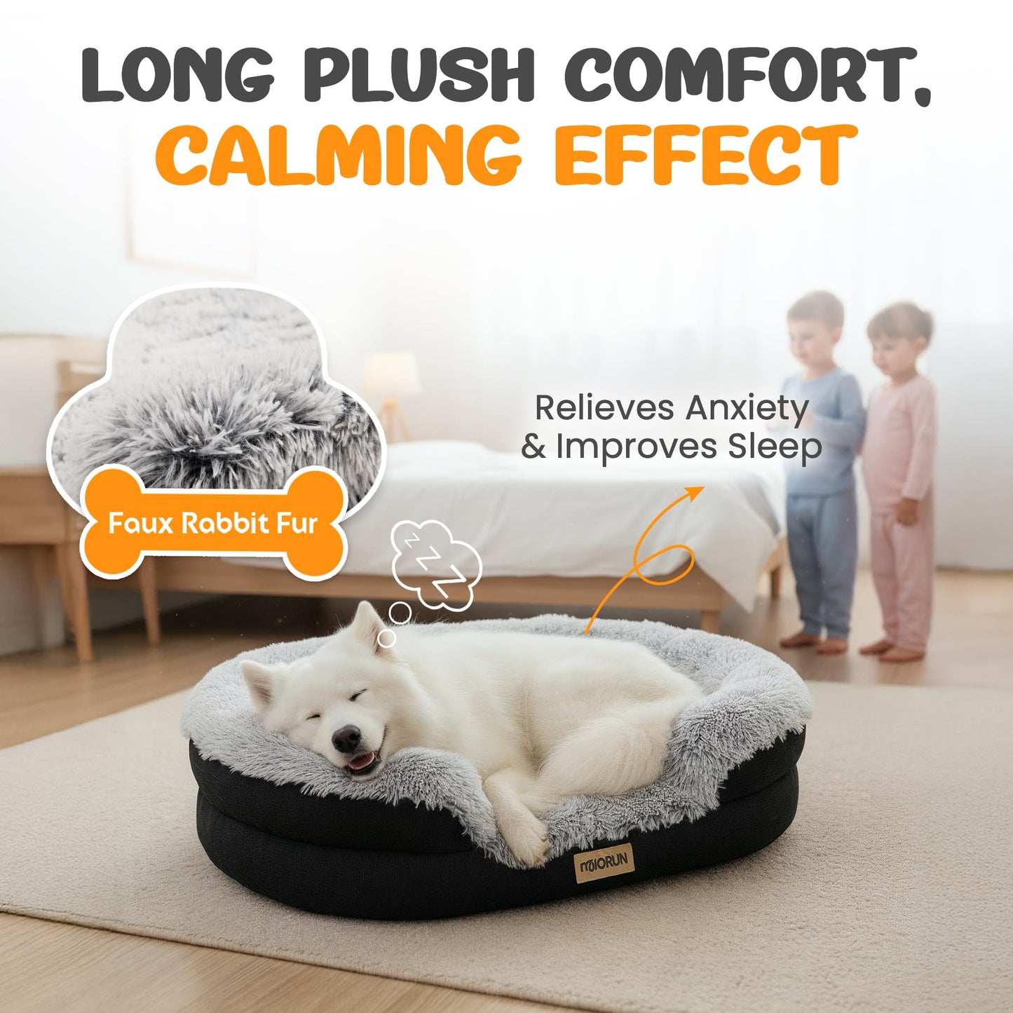Miorun Fluffy Orthopedic Dog Bed for Large & Extra Large Dogs, Calming Plush Sofa Bed with Curved Bolster Support and Egg-Crate Foam Base, 43" Cozy Oval Pet Donut Bed with Washable Cover, Gray