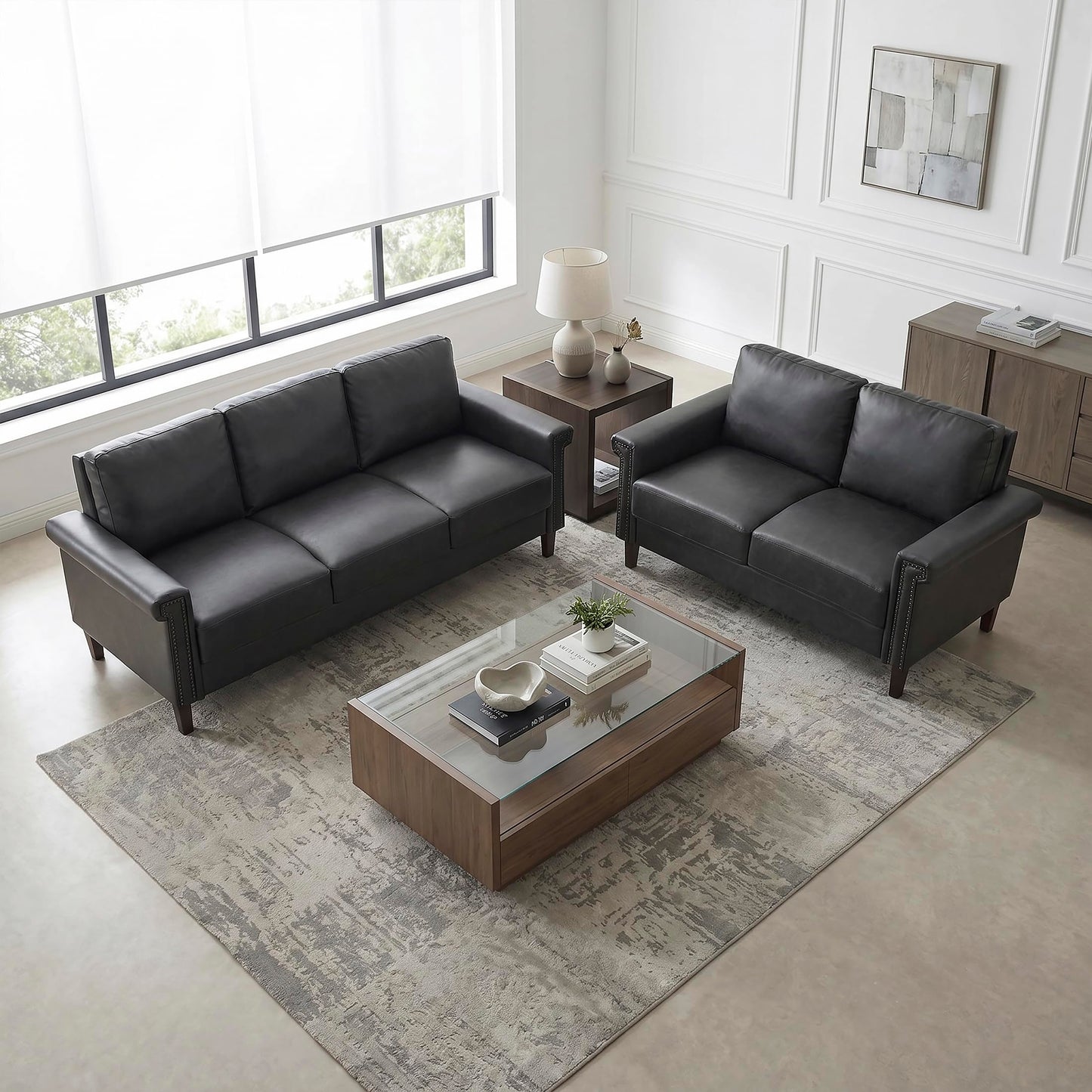 Lexicon 2 Piece Living Room Furniture Sets, Faux Leather Living Room Sofa Set, Rolled Arms, Nailhead Trim, Attached Cushions, Comfy Couches Including Loveseat & Sofa, Dark Gray