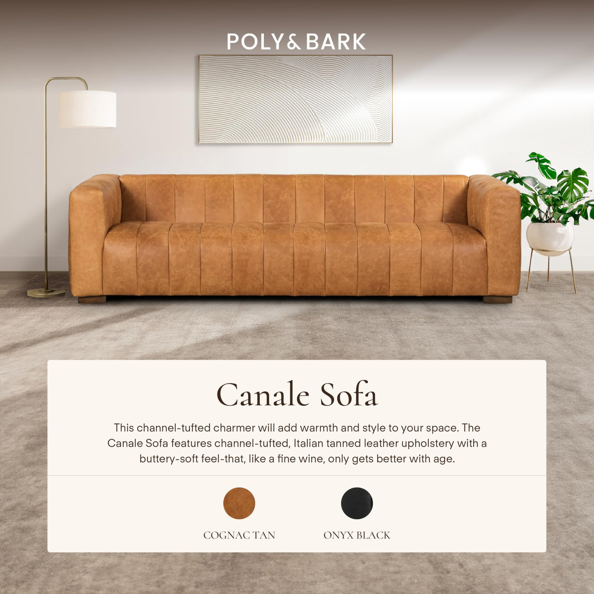 Poly & BARK Canale 99” Sofa – Modern 3-Seater Couch for Living Rooms – Performance Fabric Upholstery, High-Density Foam Cushions, Tapered Legs, Minimal Assembly – Cognac Tan