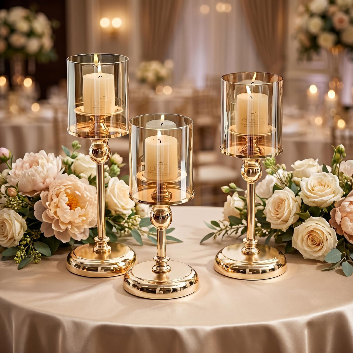 Oakernel Gold Hurricane Candle Holders - Set of 3 Tall Candlestick Holders Windproof Taper Candle Holders, Metal Stand for Table Centerpiece Outdoor Indoor Wedding Party Holiday Decor