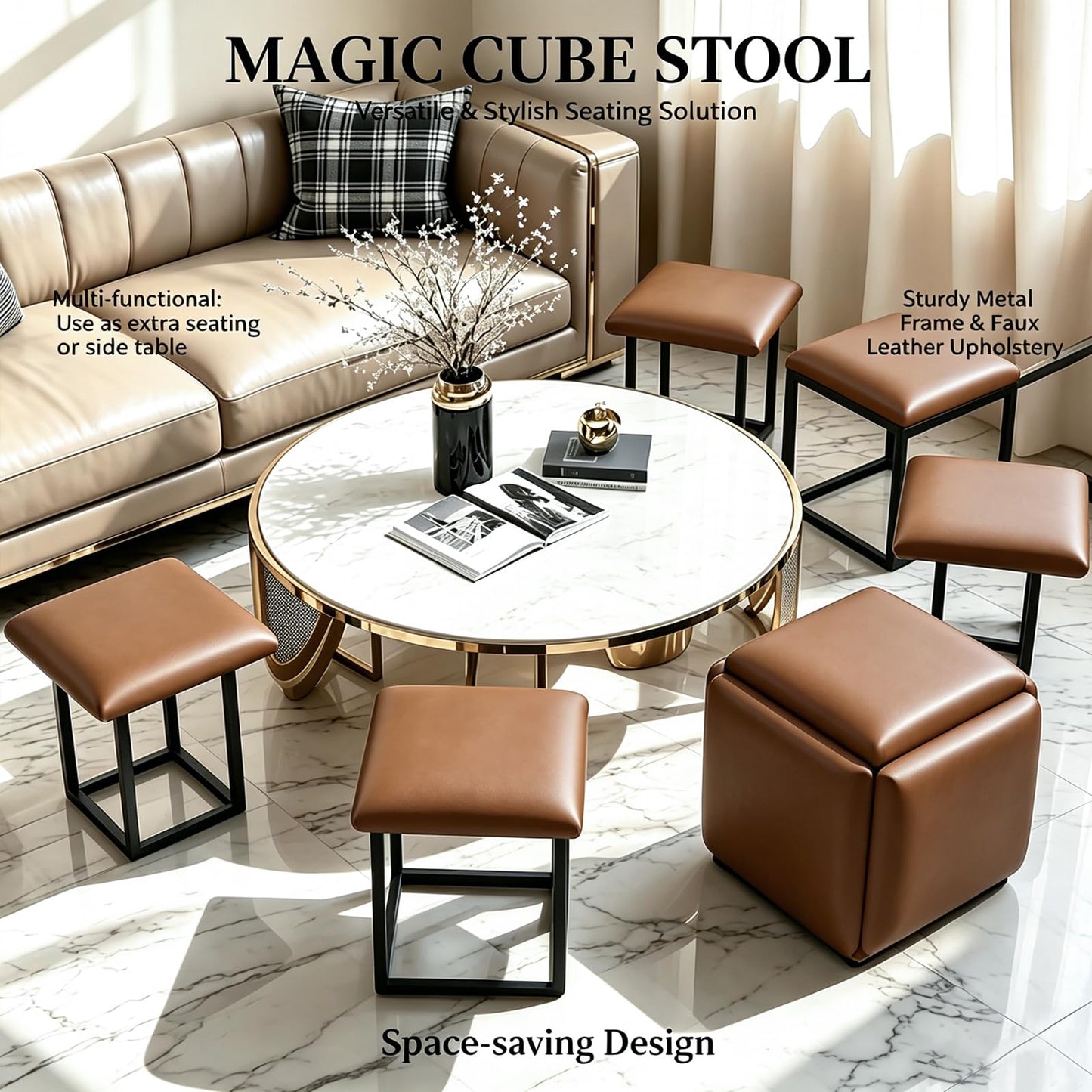 LUGSHIREE 5 in 1 Nesting Ottoman Cube Chair, Stackable Stools, Leather Square Ottoman Bench, Foot Stool with Wheels for Living Room,Dining Room 15.75x15.75x16.54 inches