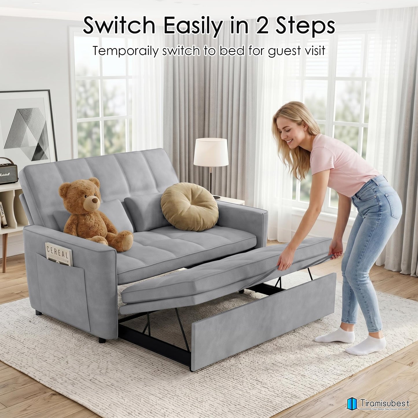 tiramisubest 54'' Sleeper Sofa Bed, Convertible Pull Out Couch Futon for for Living Room,Apartment (Ashgrey, Loveseat) Side Pockets, Velvet Fabric, Adjustable Backrest, Pull-Out Bed, Easy Assembly