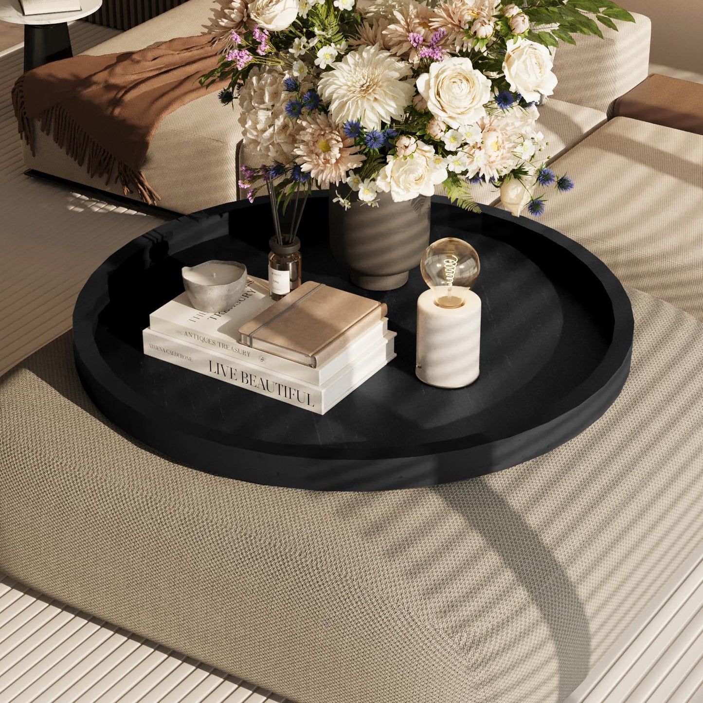 Round Ottoman Tray Large Wood Serving Tray for Table Living Room Bedroom, 20 Inches Black