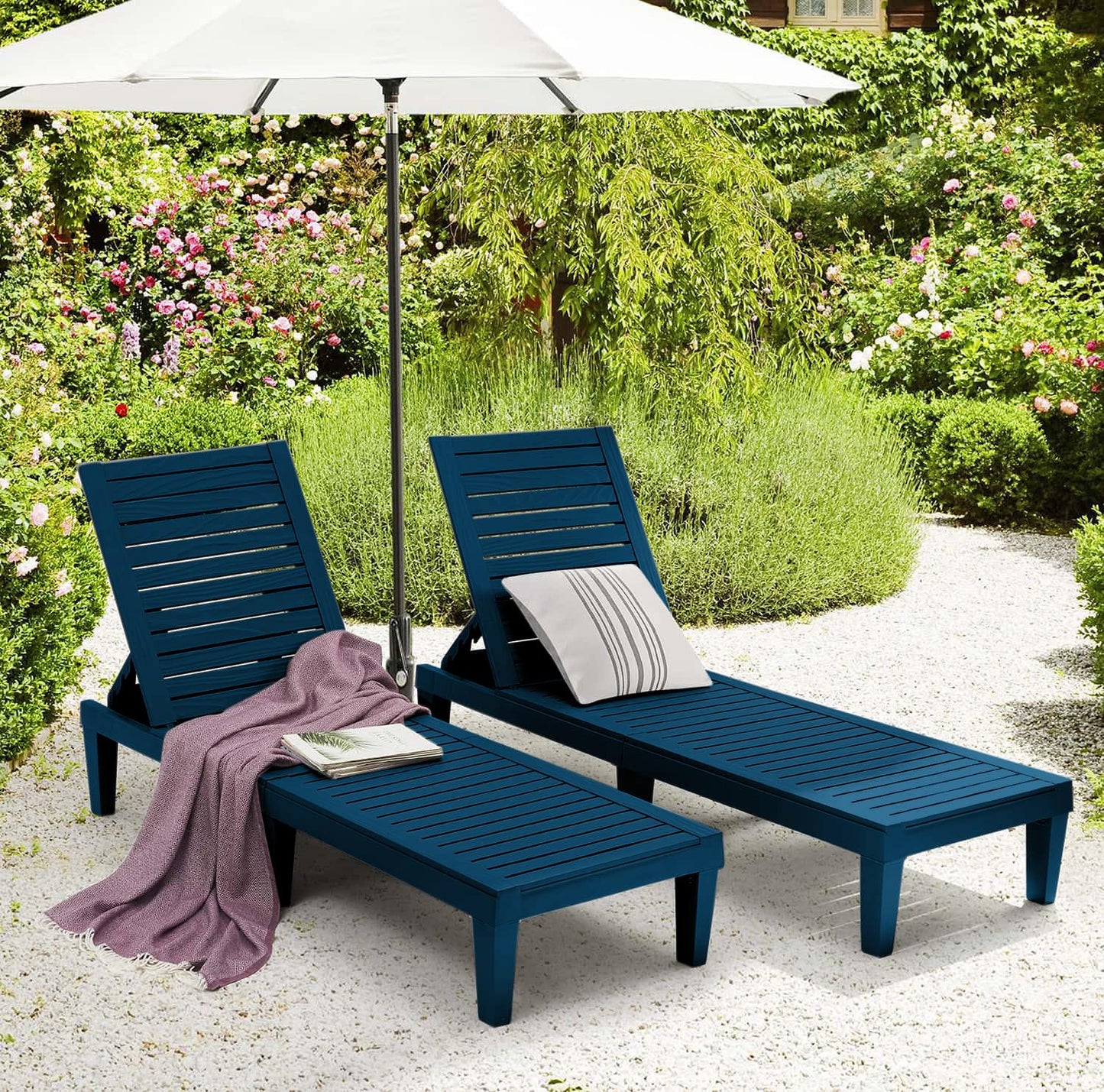 Nestl Sun Tanning Chair - Blue Chaise Lounge Chair Outdoor, Lightweight Pool Lounge Chairs Set of 2, Adjustable 5-Position Reclining Lawn Chair, Waterproof Beach Outdoor Lounge Chairs