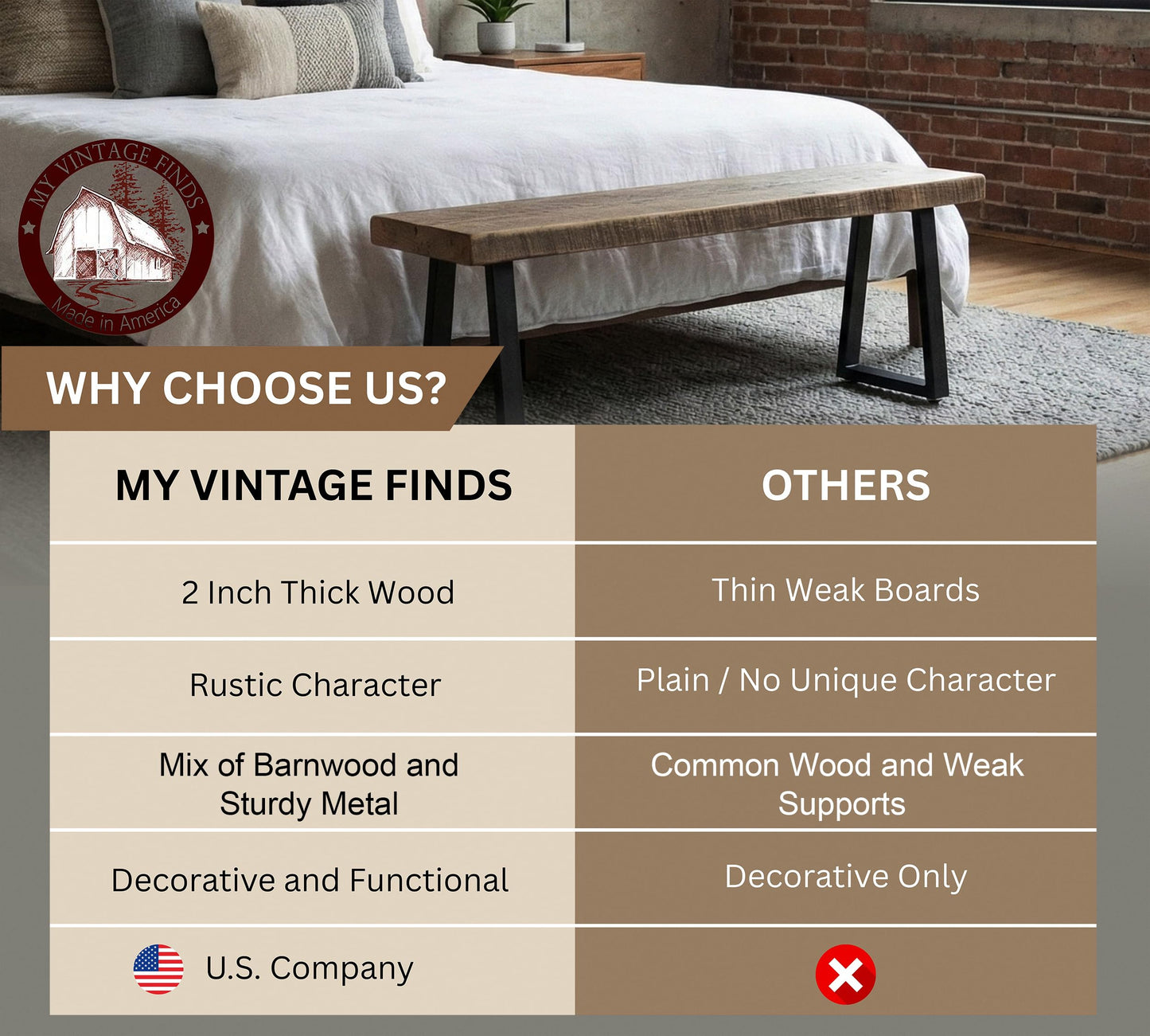 MY VINTAGE FINDS Rustic Revival Reclaimed Barnwood Bench, Solid Wood with Metal Base, Modern Farmhouse Style, 2-Inch Thick Top, for Entryway, Bedroom, Living Room (38x12)
