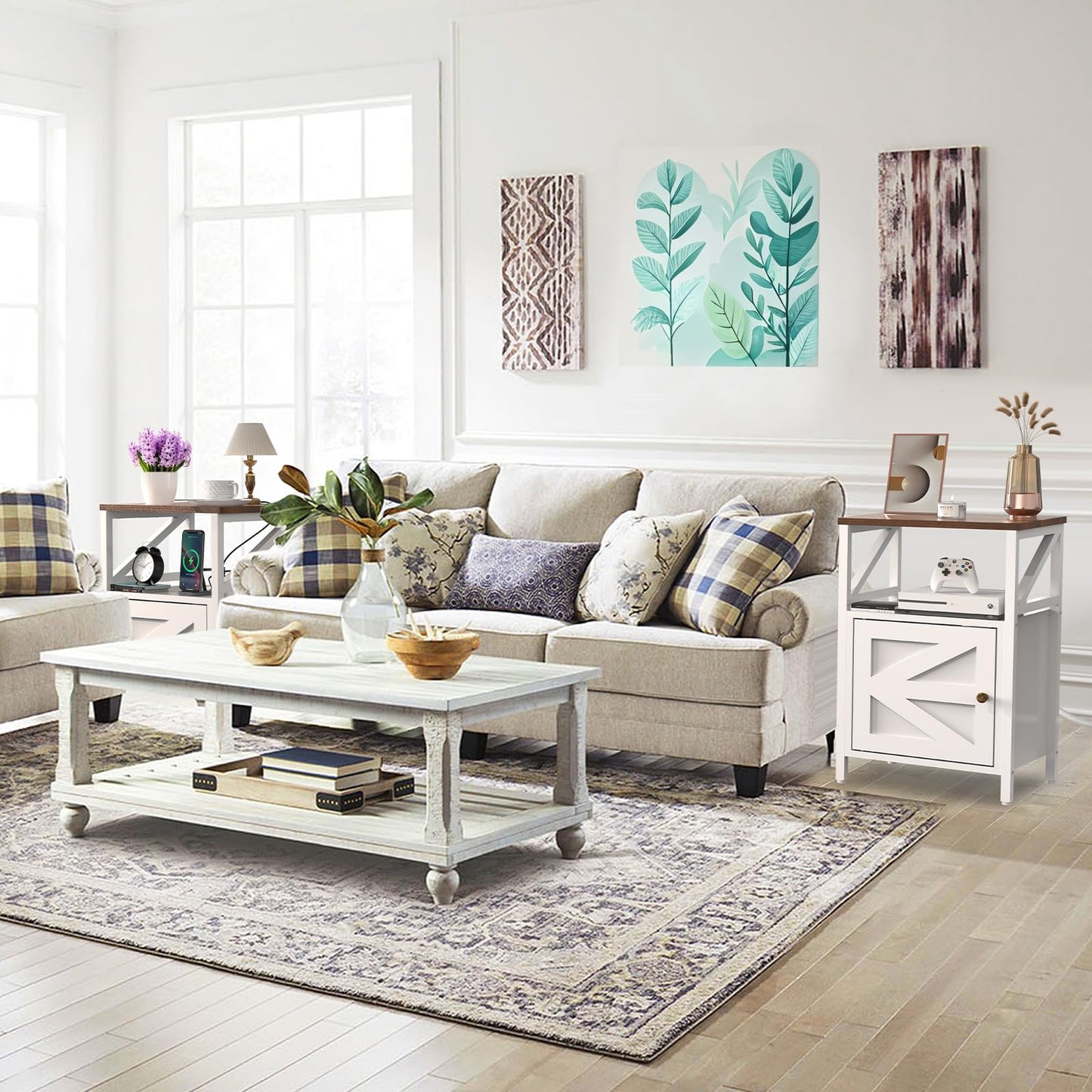FUNHUKSON Farmhouse 3-Tier End Table with USB Charging Station White