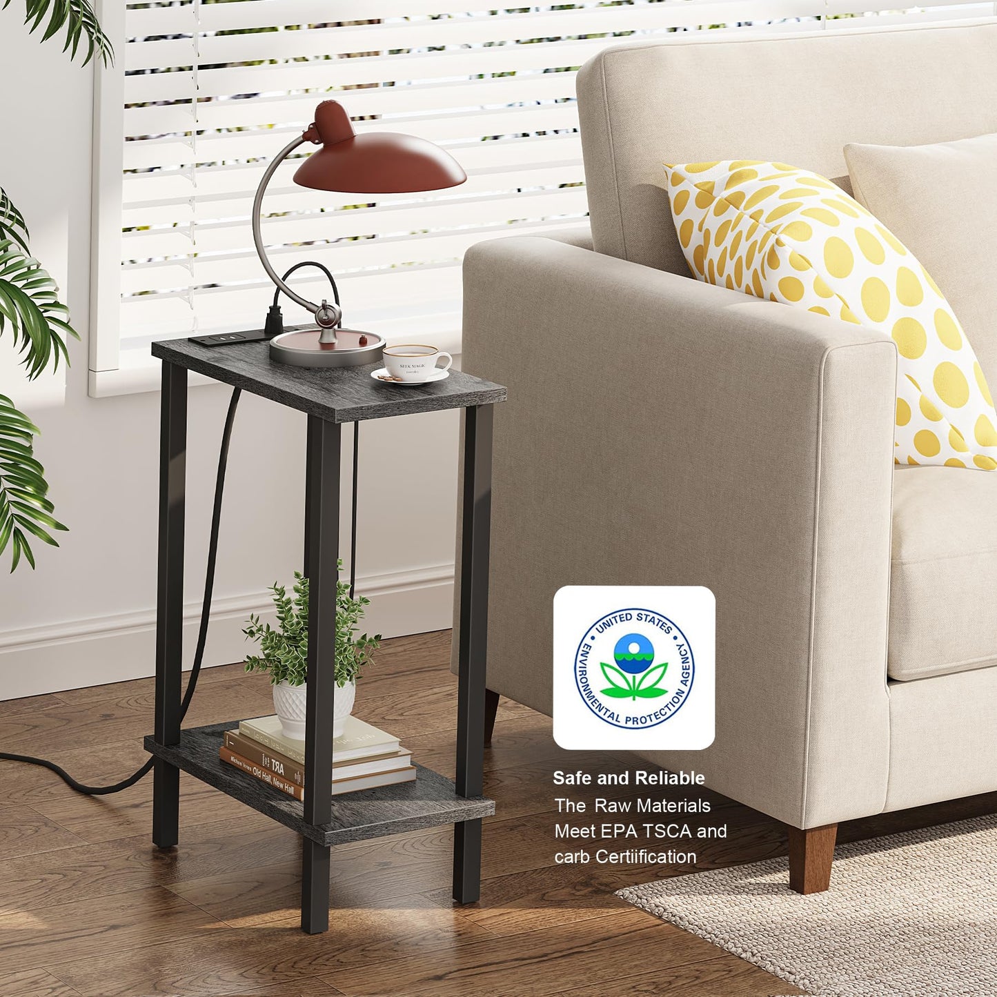 TUTOTAK Small End Table with Charging Station, Narrow Side Table with USB Ports and Outlets, Skinny Sofa Table, Slim Nightstand, Living Room, Bed Room, Charcoal Grey TB01BY060