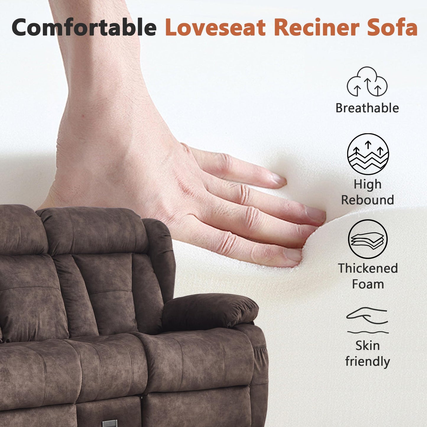 AHMED Loveseat Recliner Sofa with Console, Manual Reclining Loveseat RV Couch with Cup Holders/Side Pocket/Padded Armrest Cushion for Living Room, Velvet, Brown
