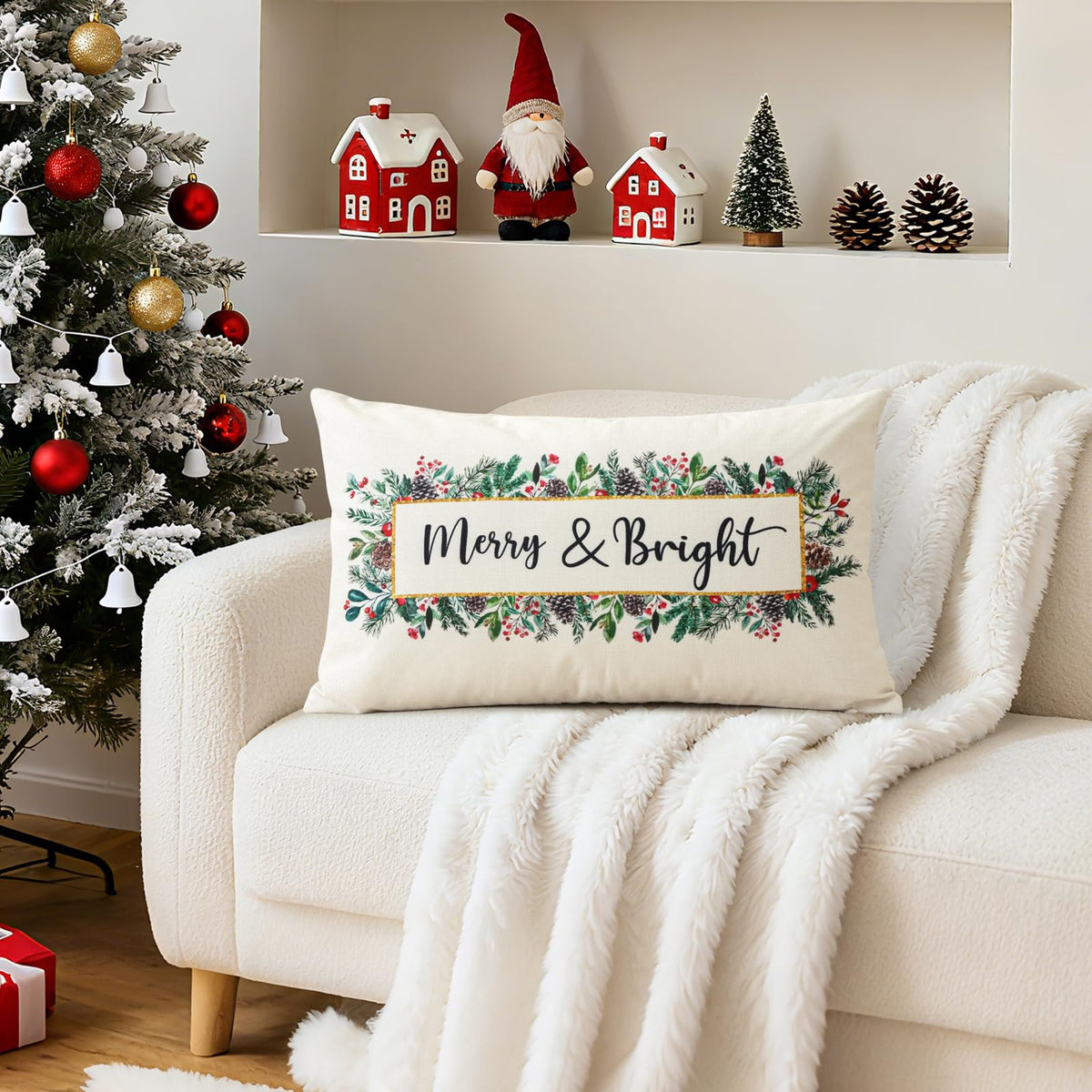 OTOSTAR Merry Bright Christmas Decor Pillow Cover 12x20 Inch Lumbar Decorative Throw Pillow Case Eucalyptus Mistletoe Winter Holiday Rectangle Cushion Cover for Couch Bed Sofa Decor (Merry & Bright)