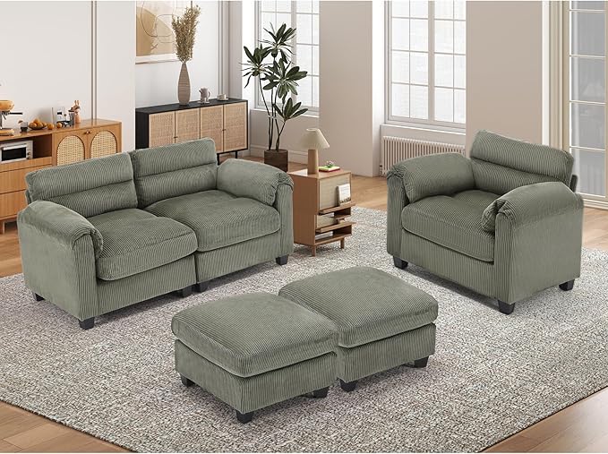 HAOMARKETS Corduroy 4-Piece Sofa Set, Upholstered Ottoman Set of 2, Accent