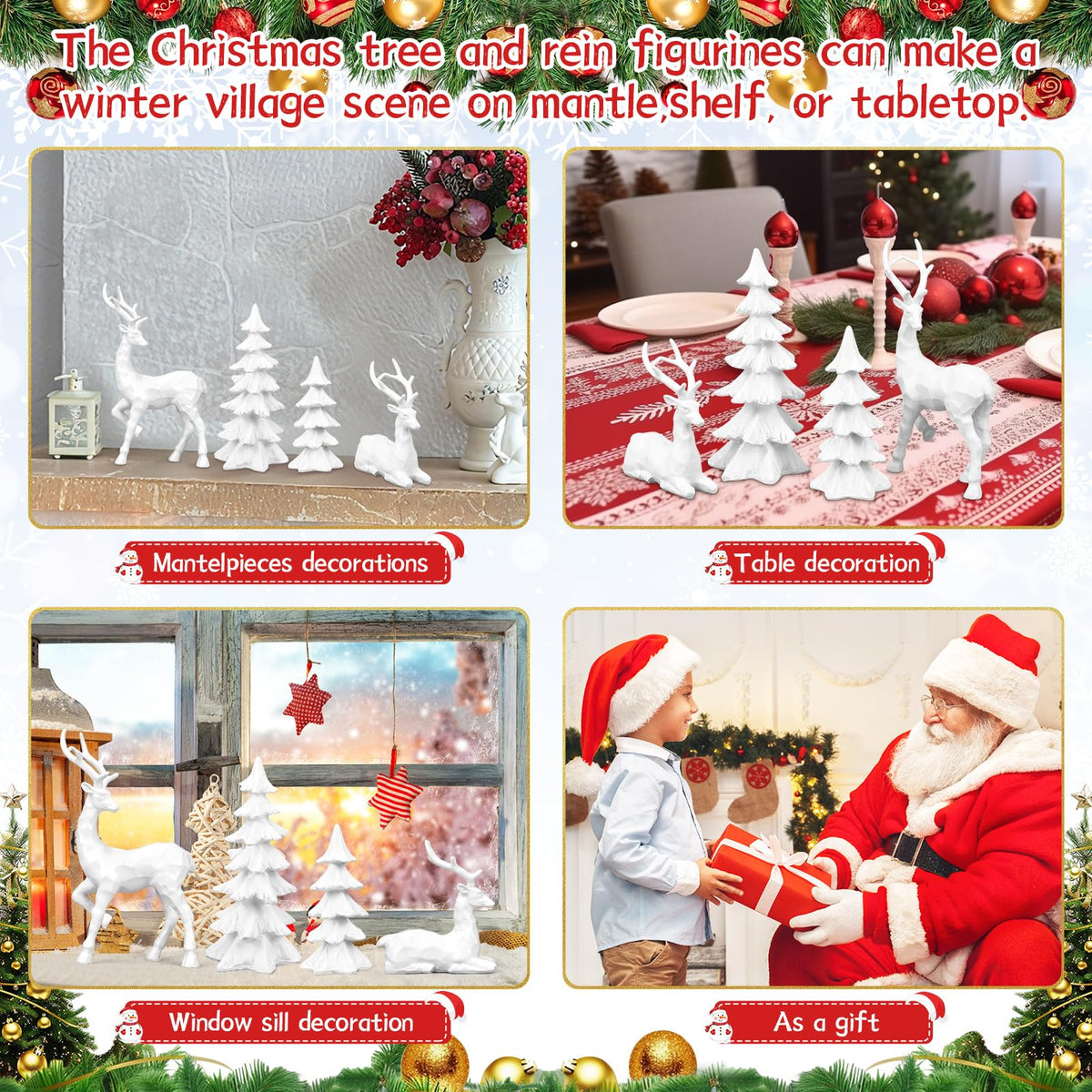4-Piece White Christmas Tree Figurines and Resin Elk Sculpture Winter Reindeer Decor Resin Christmas Trees,Tabletop Tree Artificial Animal Crafts for Indoor Home Decor,Tabletop Mantle Cabinet Desktop