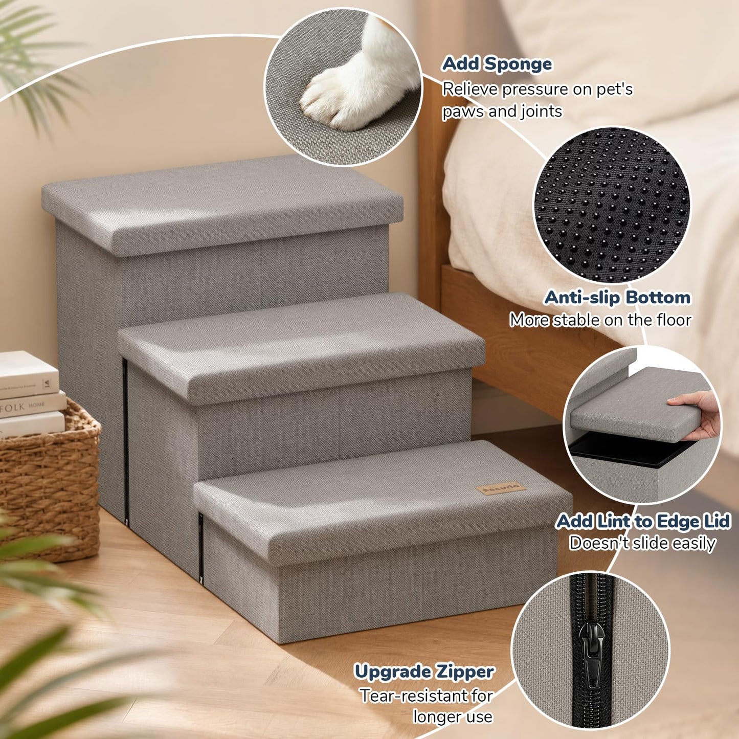 Fecuria 3-Step Wide Dog Stairs with Hidden Storage 18" H, Non-Slip Dog Steps for High Bed Couch Window Car, Jiont-Friendly Pet Stairs Ramp for Small/Medium/Large Old Dogs Cats Up to 220lbs, Grey