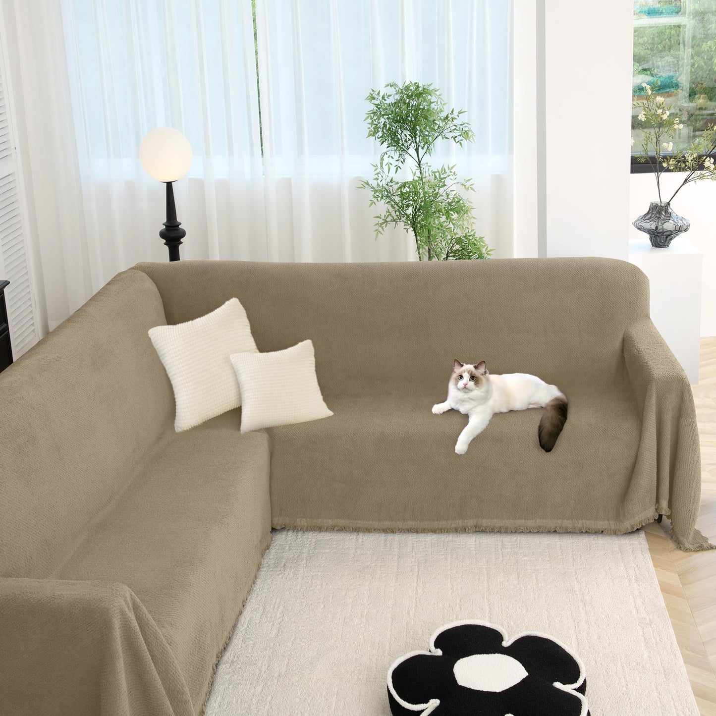 Arfntevss Corner Sectional Couch Covers L Shape Plush Sofa Cover with Tassel Thick Soft Couch Cover for Sectional Sofa U Shaped Slipcovers Washable Dog Furniture Protector (71" x 224", Khaki)
