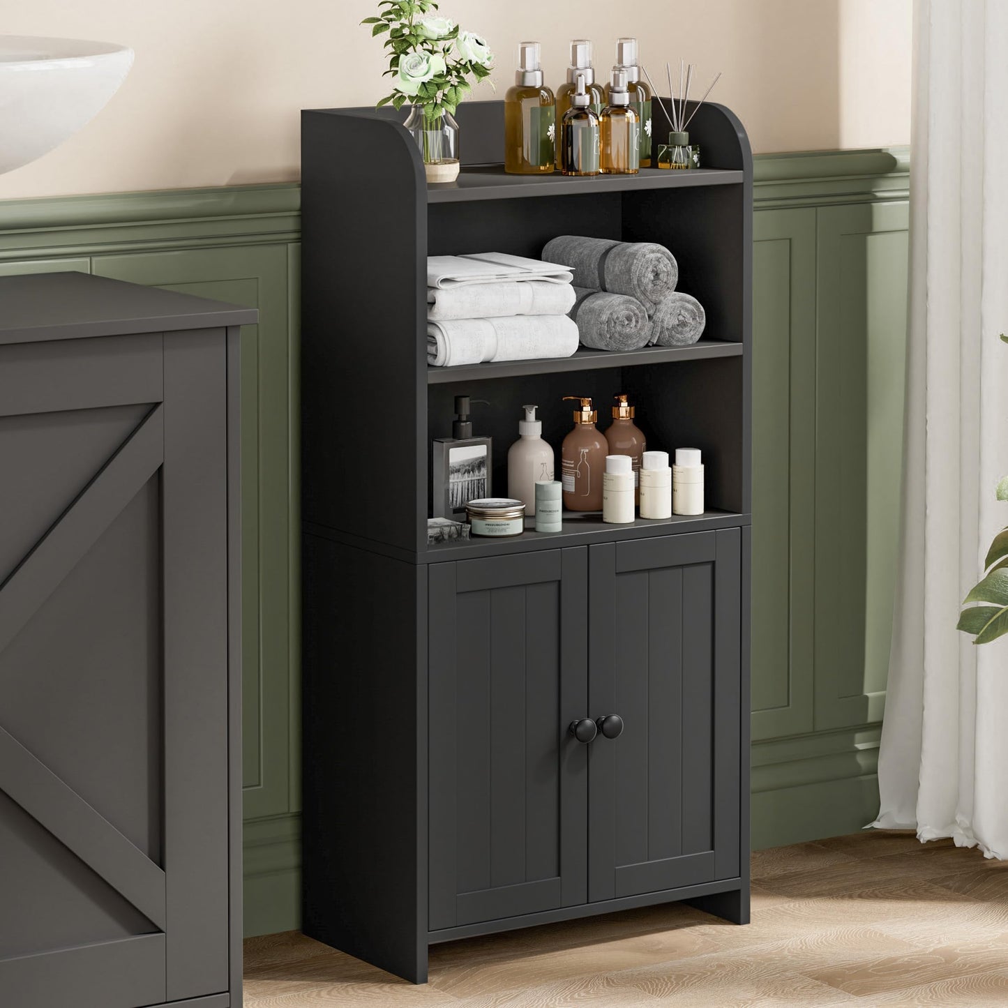 Cerlyunzan Small Bathroom Storage Cabinet, Freestanding Bathroom Cabinet and Organizer with Shelves, Small Cabinet with Doors for Bathroom, Laundry Room, 7.9" D x 14.6" W x 31" H, Black