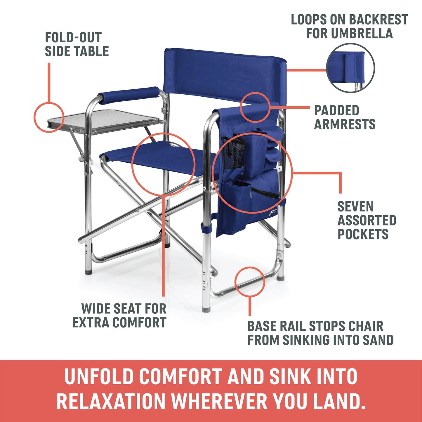 PICNIC TIME Sports Chair with Side Table and Armrest Caddy, Lightweight Aluminum Folding Outdoor Camping Chair for Adults, Portable Director Style Lawn Seating with Pockets & Carry Strap, (Purple)