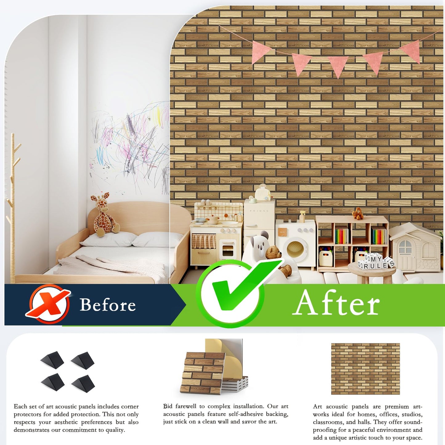ArtVivid 12Pack Acoustic Panels, 12"×12"×0.4" Self-Adhesive 3D Brick Pattern Sound Proof Panels for Walls, High Density Decorative Acoustic Foam for Recording Studios, Offices, Faux Wood Grain Print