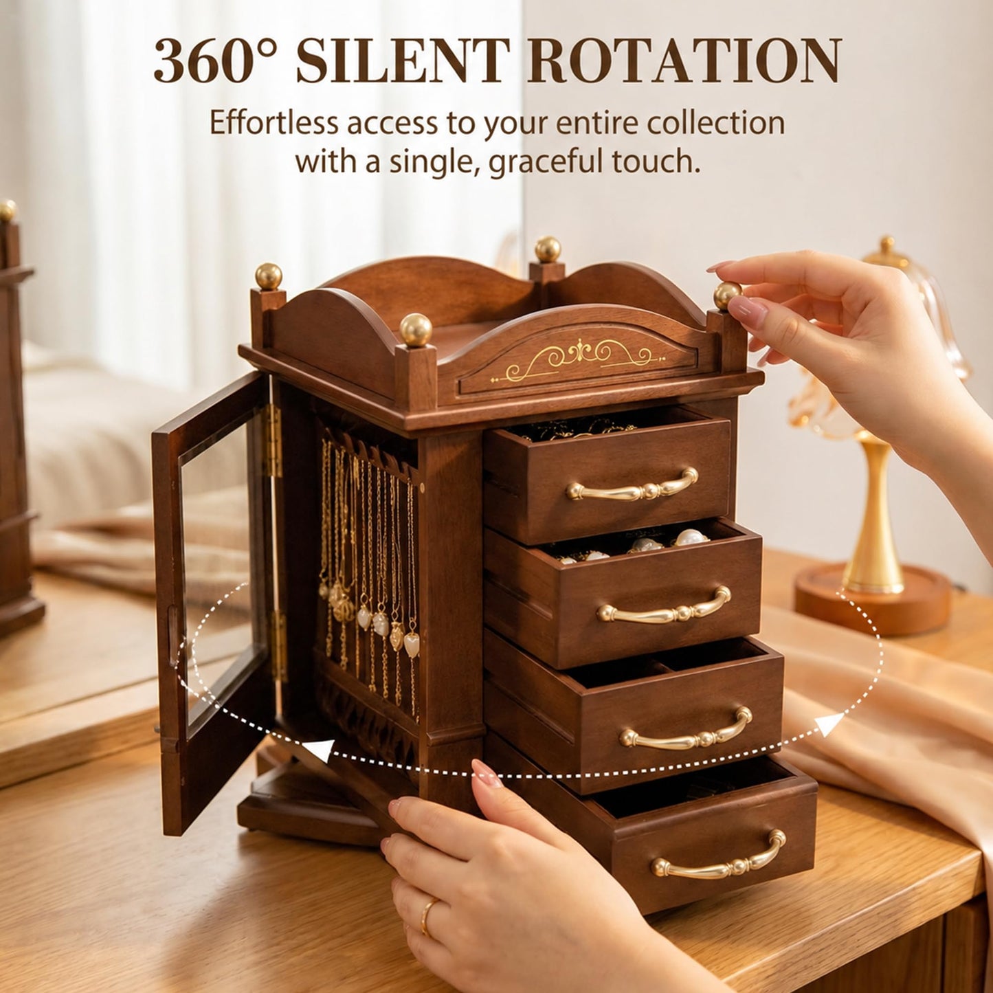 GuaziV Wooden Jewelry Organizer for Women, 360° Rotating Jewelry Box with 4 Drawers, Necklace & Ring Holder, Tangle-Free Jewelry Storage Cabinet for Vanity and Bedroom