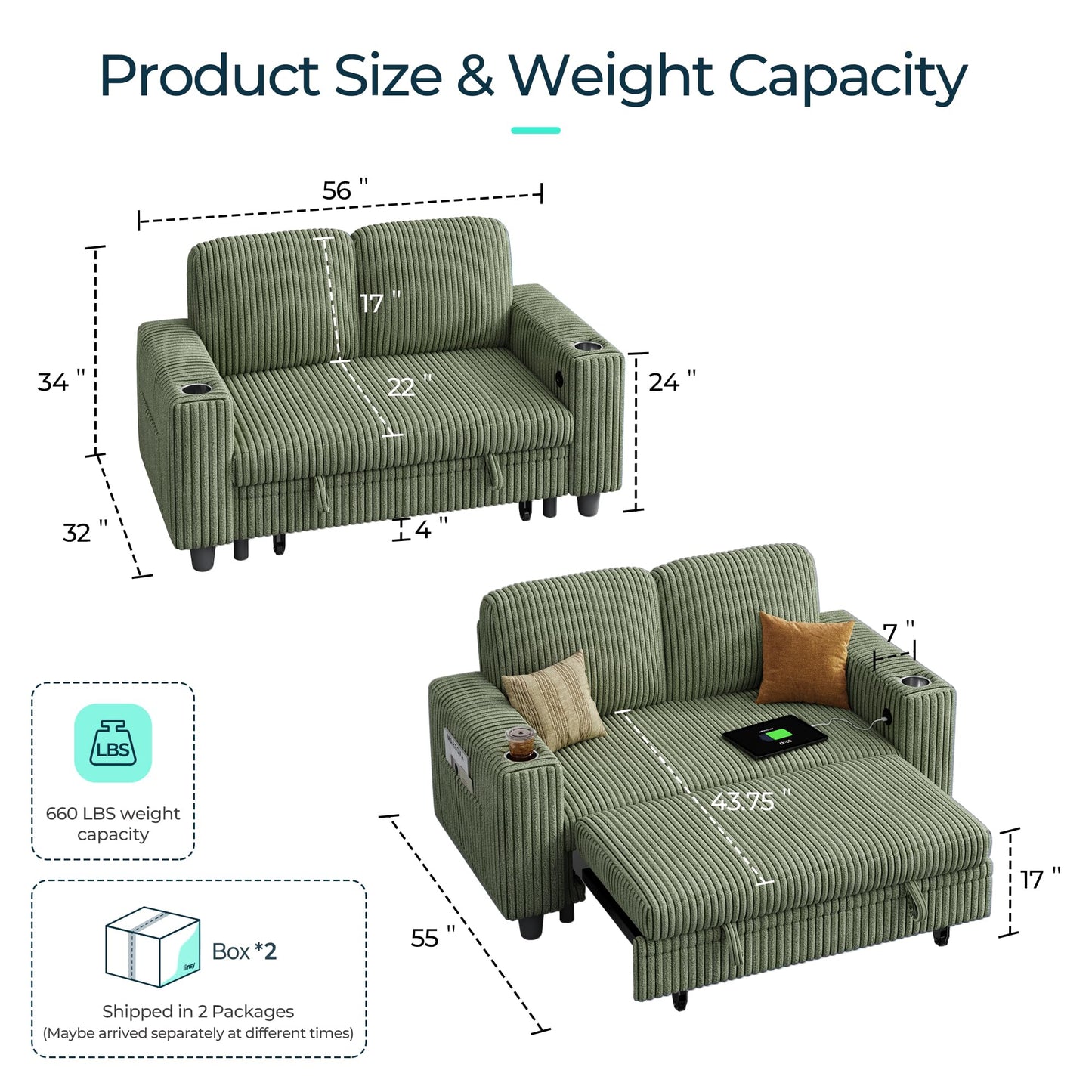LINSY HOME Loveseat Sofa with Pull Out Couch Chaise: 2-in-1 Convertible 2 Seater Sofa with USB Charging & Cup Holders, Comfy Plush Corduroy Love Seat for Small Spaces Living Room Apartment, Green